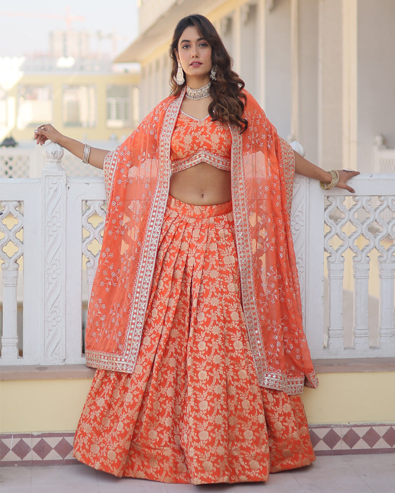 Orange Color Pure Viscose Jacquard Lehenga Choli