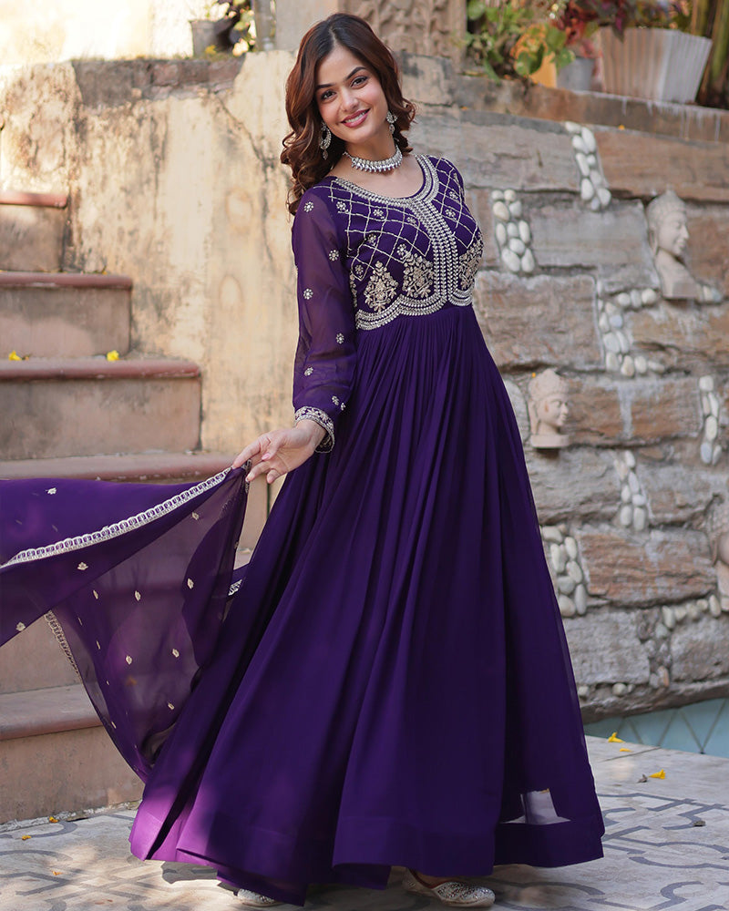 Purple color faux blooming embroidered gown with dupatta