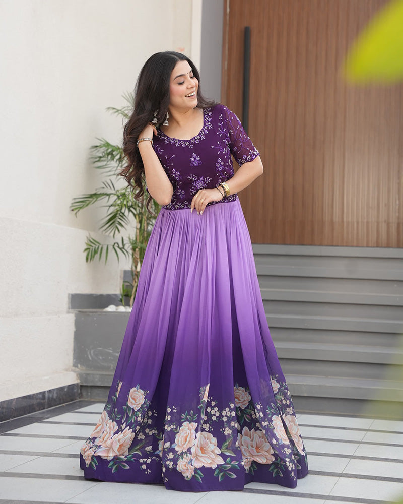 Purple color faux blooming embroidered work gown