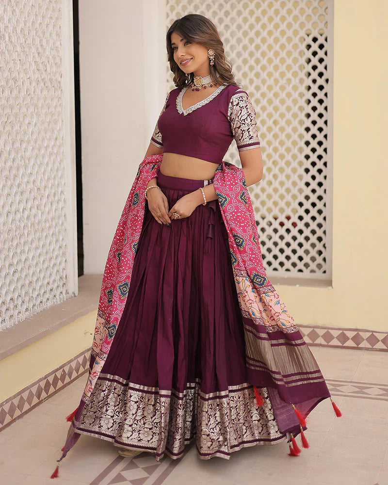 Wine Color Jacquard Lehenga Choli With Gaji Silk Dupatta