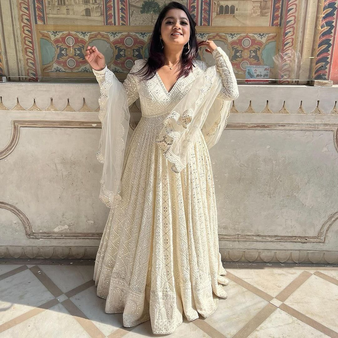White Lakhnawi Embroidered Georgette Fully Stitched Long Anarkali Suit Set