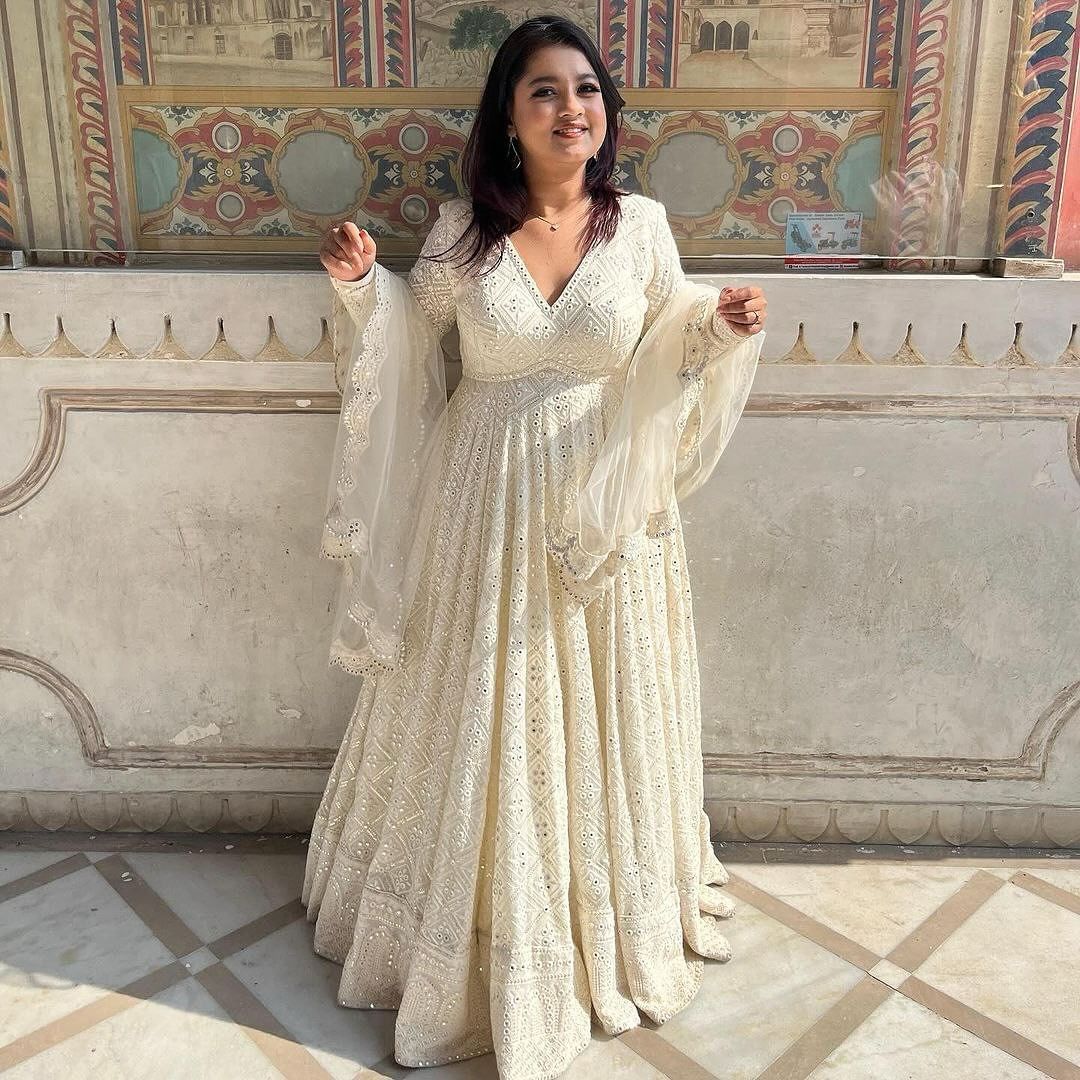 White Lakhnawi Embroidered Georgette Fully Stitched Long Anarkali Suit Set