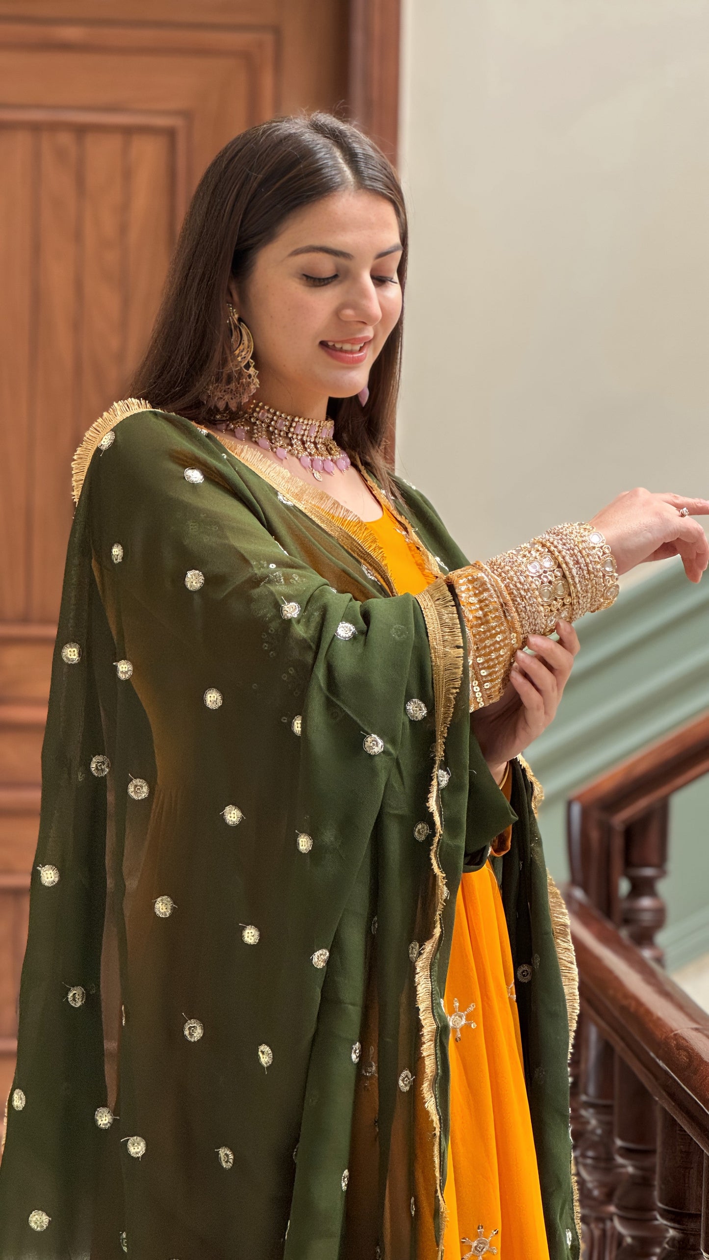 Rajni Samta Haldi Ceremony Wear Mustered Color Anarkali Gown With Dupatta