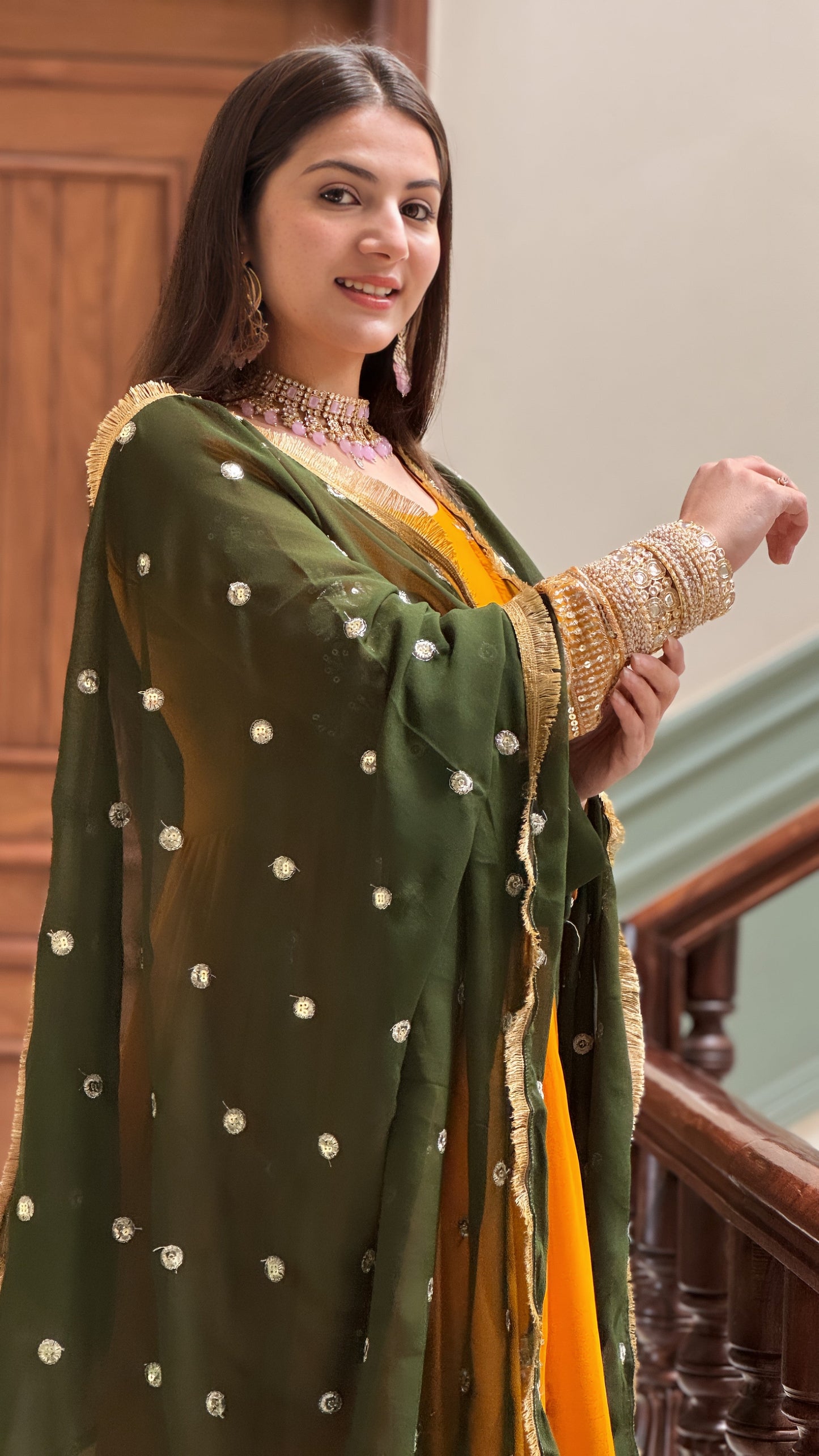 Rajni Samta Haldi Ceremony Wear Mustered Color Anarkali Gown With Dupatta
