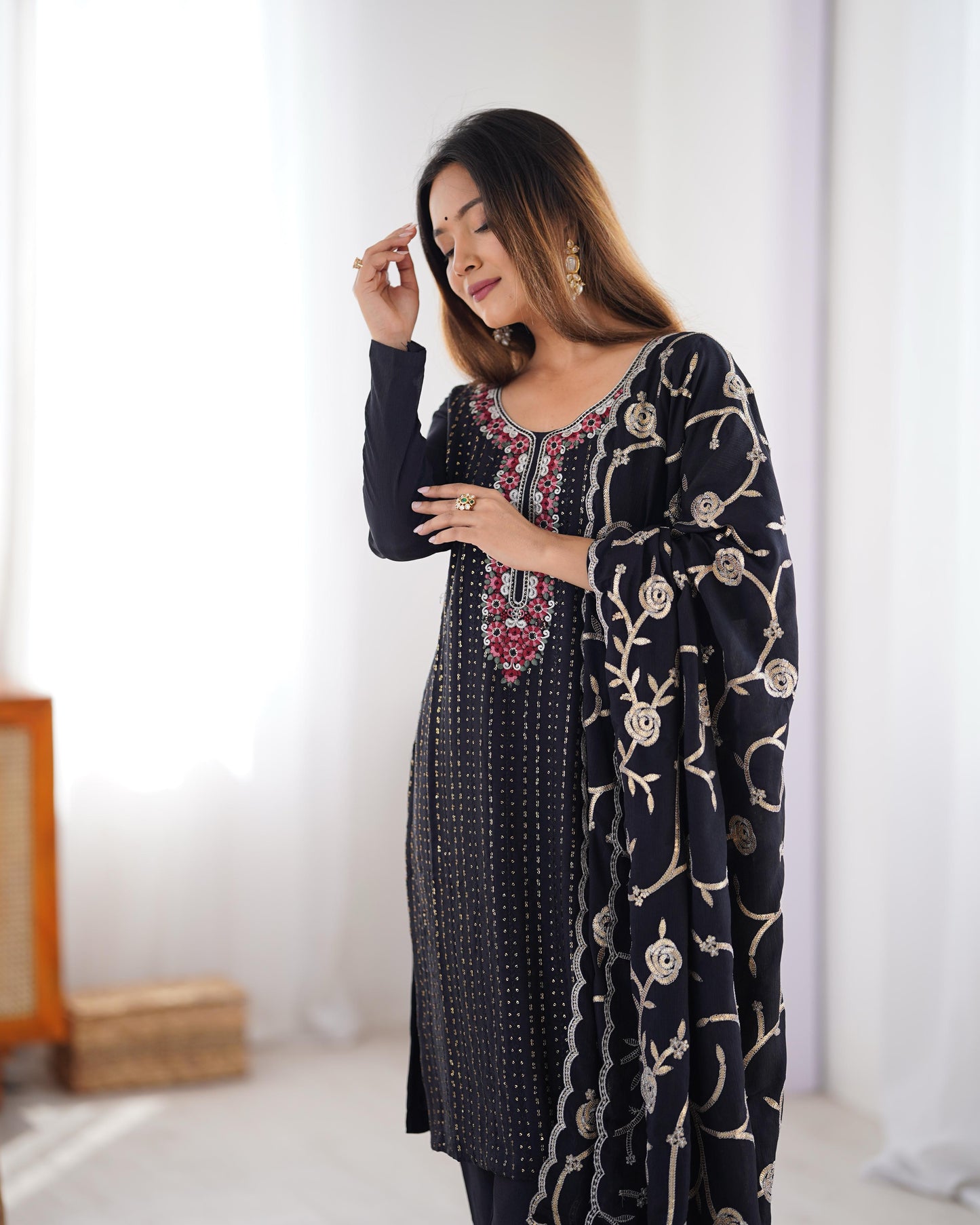 Black Color Chinon Silk Three Piece Kurti Suit