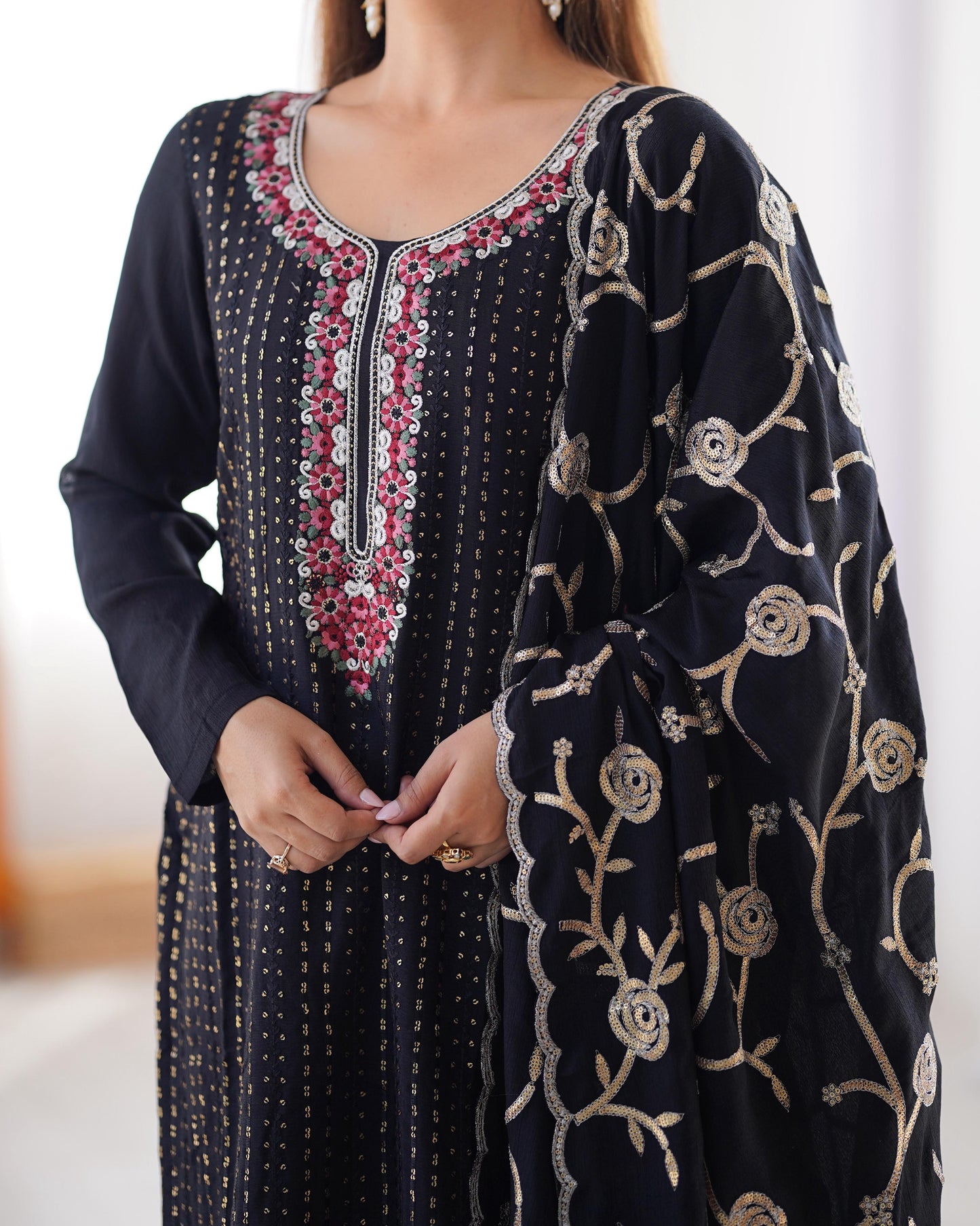 Black Color Chinon Silk Three Piece Kurti Suit