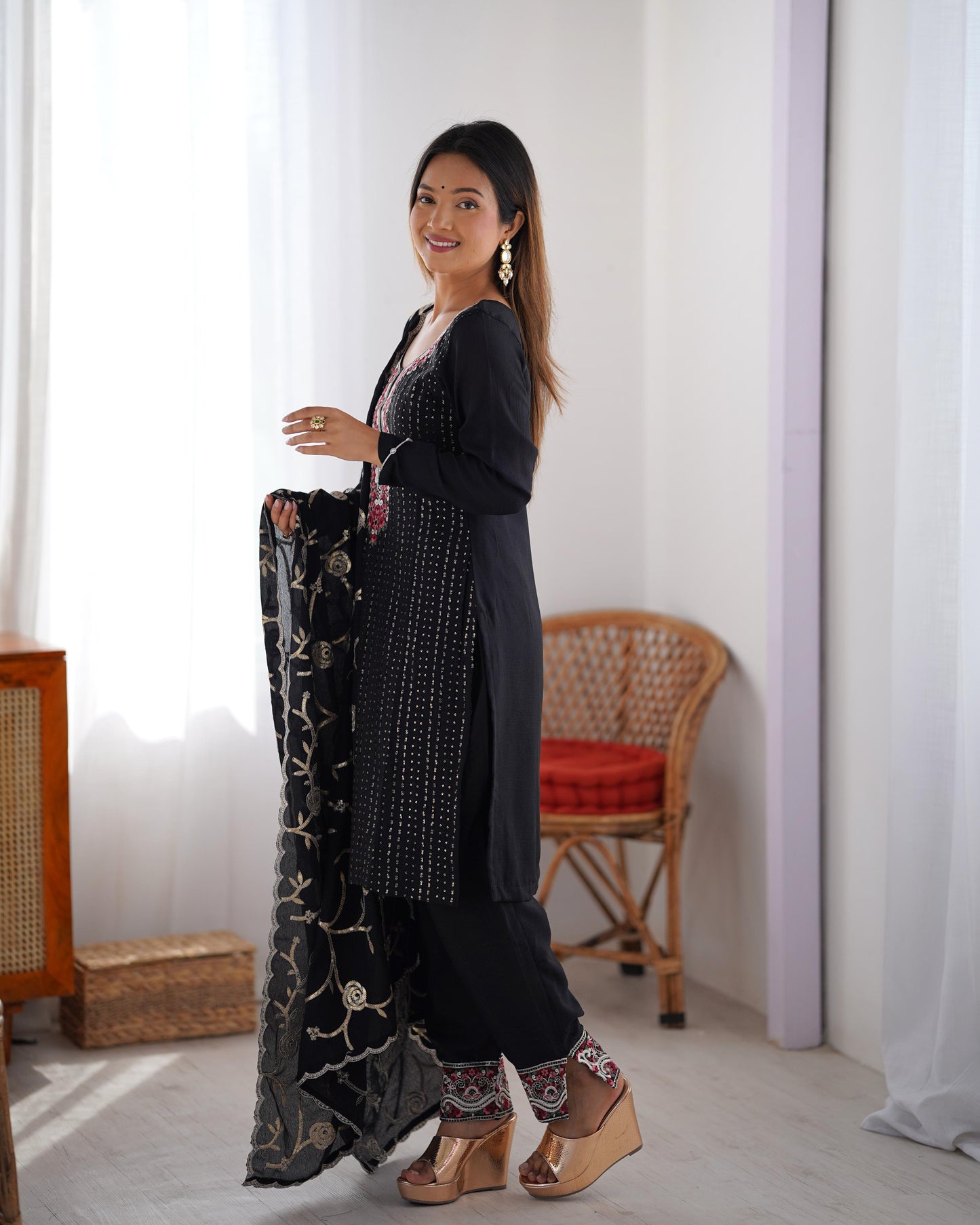 Black Color Chinon Silk Three Piece Kurti Suit