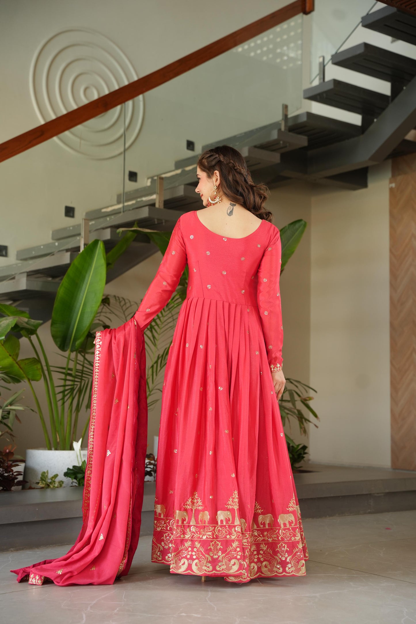 Neon Peach Color Chinon Silk Sequins Embroidered Gown