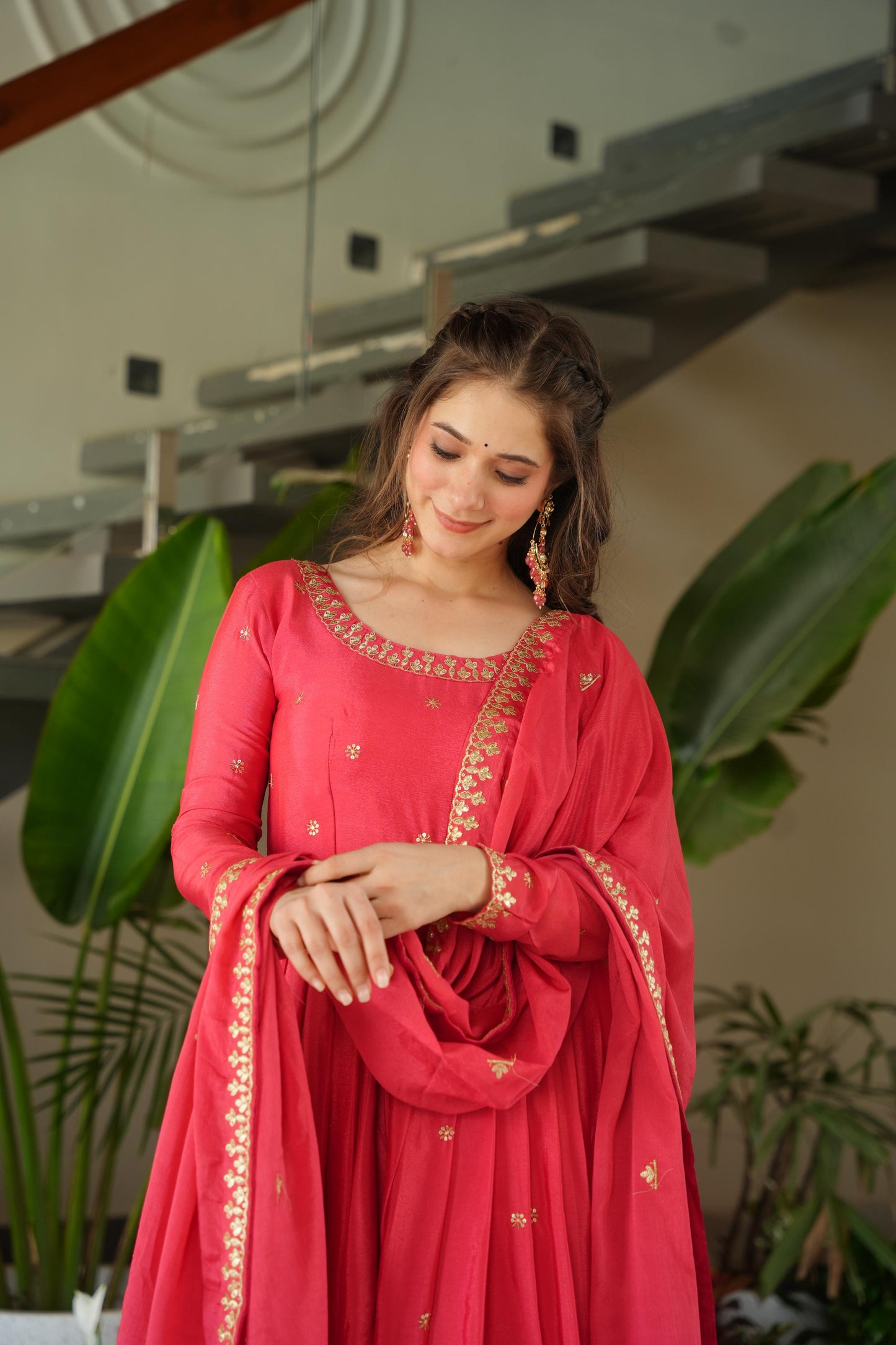 Neon Peach Color Chinon Silk Sequins Embroidered Gown