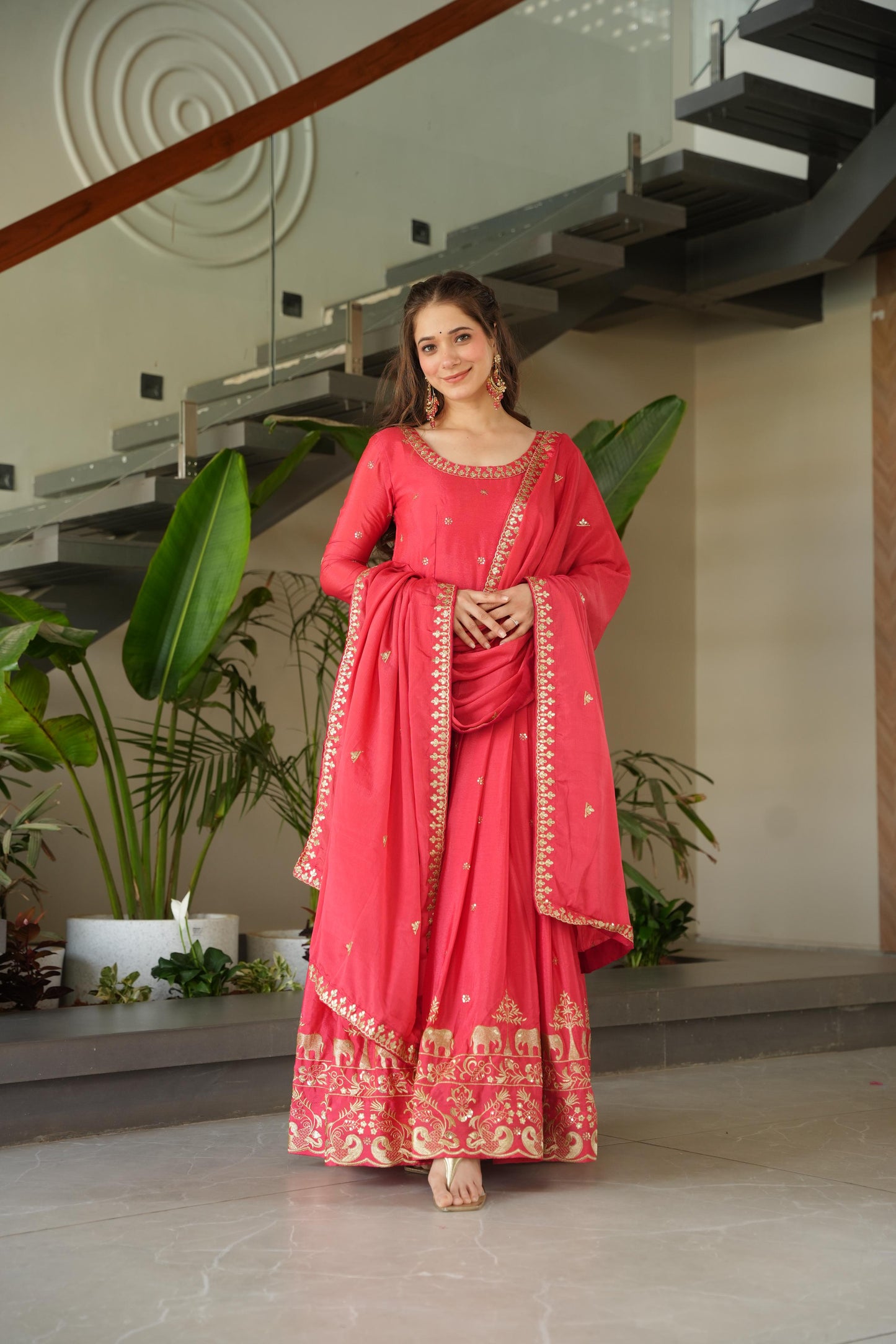 Neon Peach Color Chinon Silk Sequins Embroidered Gown