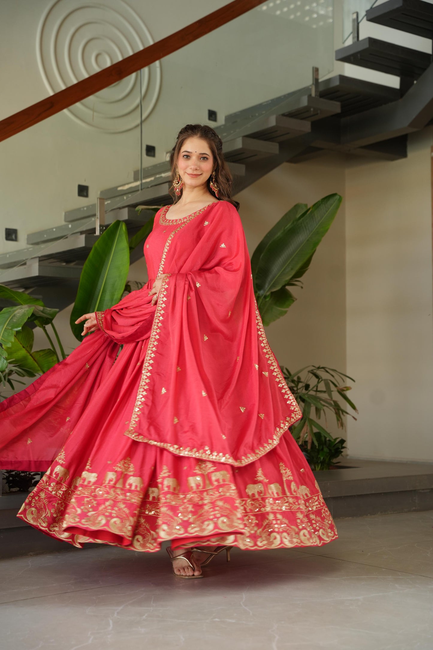 Neon Peach Color Chinon Silk Sequins Embroidered Gown