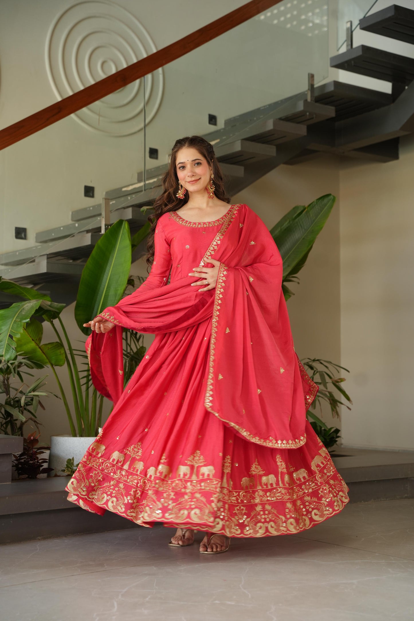 Neon Peach Color Chinon Silk Sequins Embroidered Gown