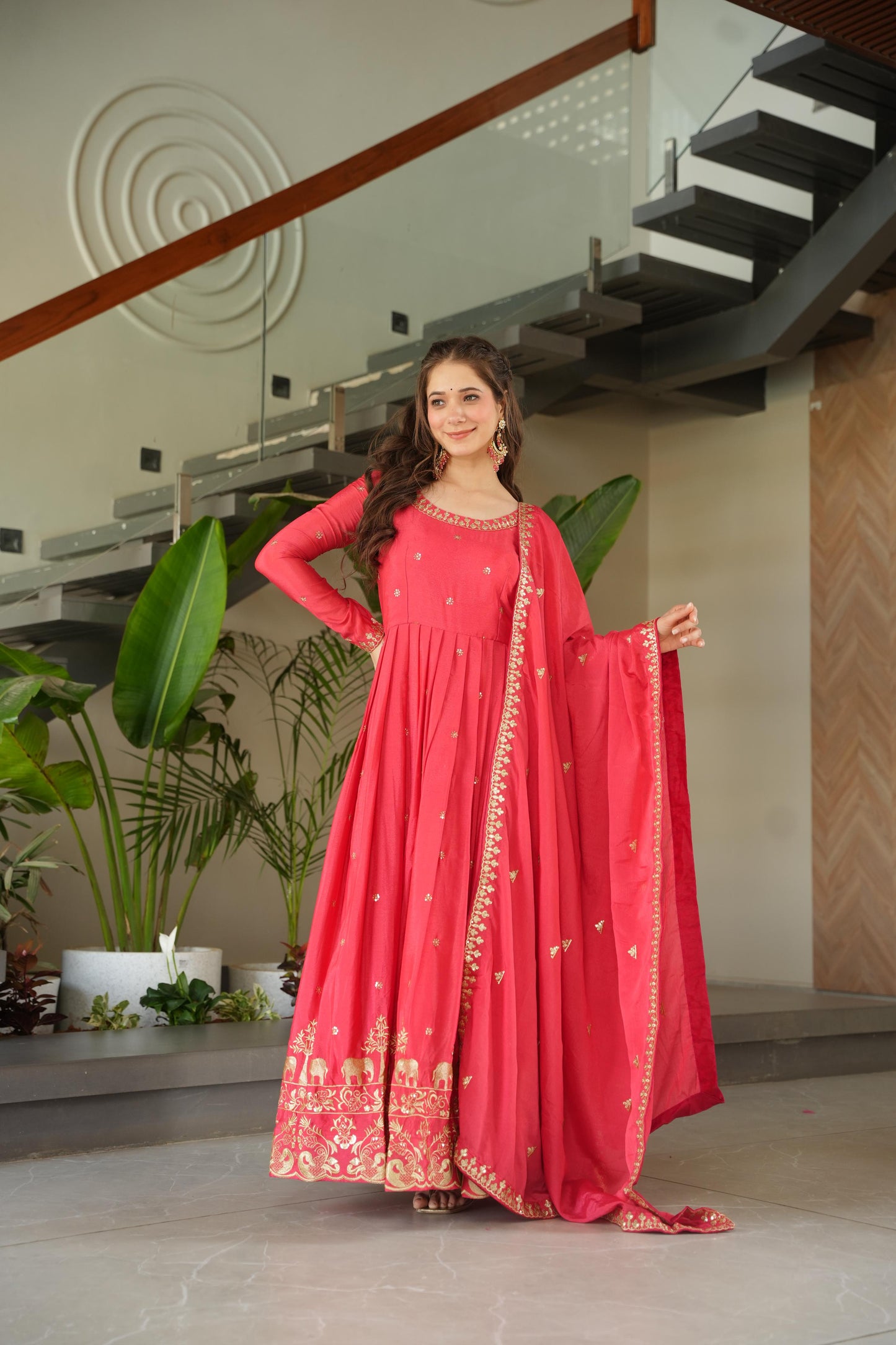 Neon Peach Color Chinon Silk Sequins Embroidered Gown