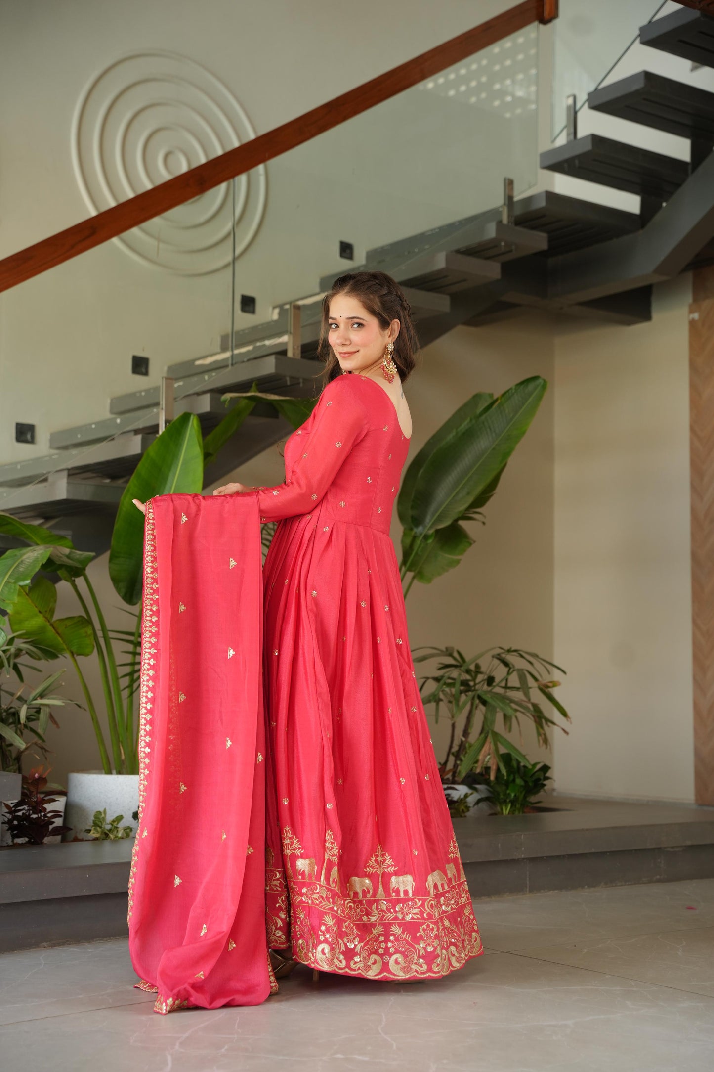 Neon Peach Color Chinon Silk Sequins Embroidered Gown