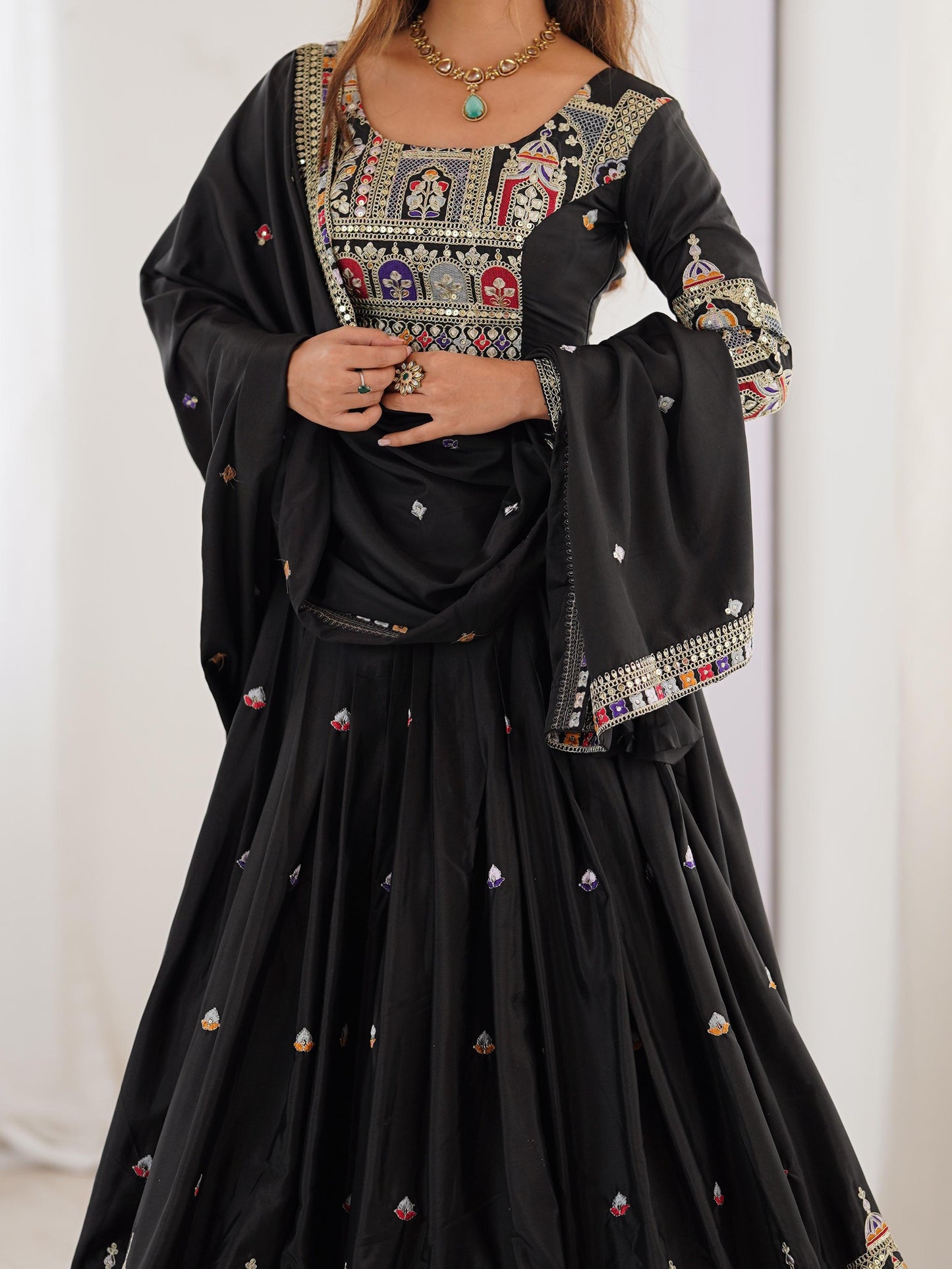 Black Color Natural Crepe silk Lehenga Choli