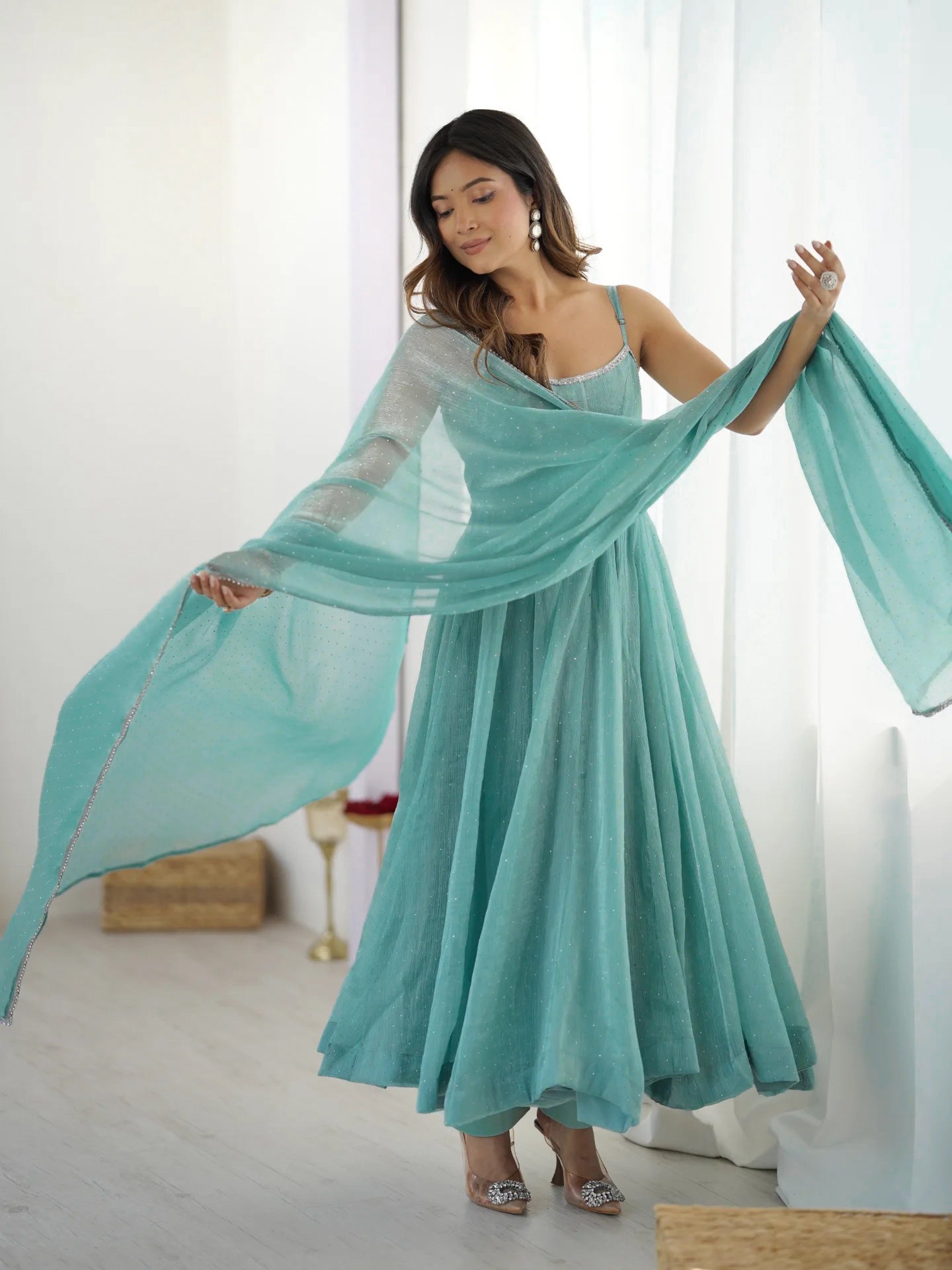 Sky Blue Color Crunchy Silk Three Piece Anarkali Suit