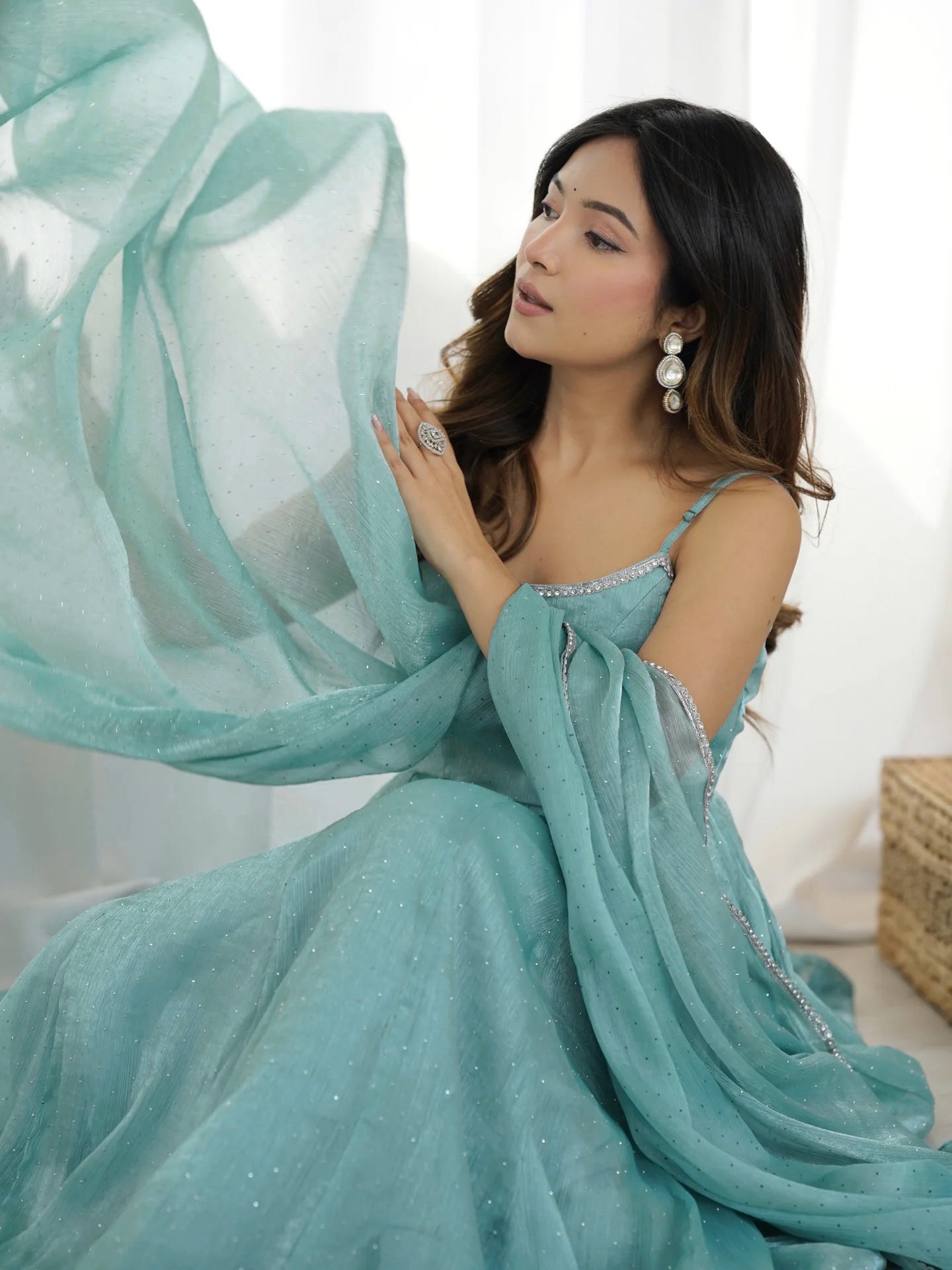 Sky Blue Color Crunchy Silk Three Piece Anarkali Suit