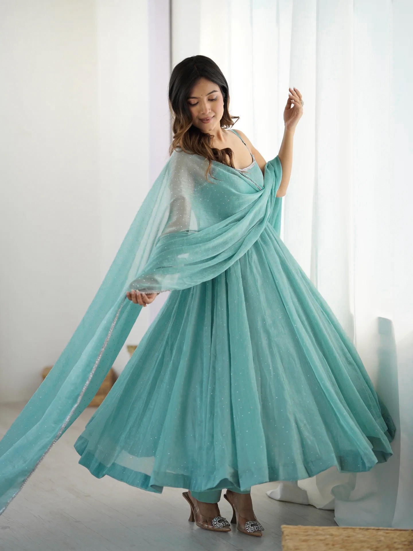 Sky Blue Color Crunchy Silk Three Piece Anarkali Suit