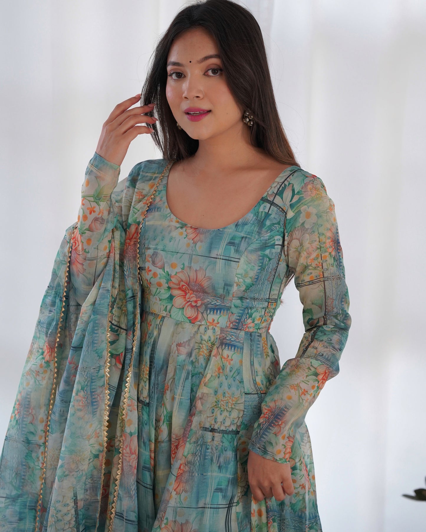 Bottle Green Color Floral Print Organza Three Piece Anarkali Suit