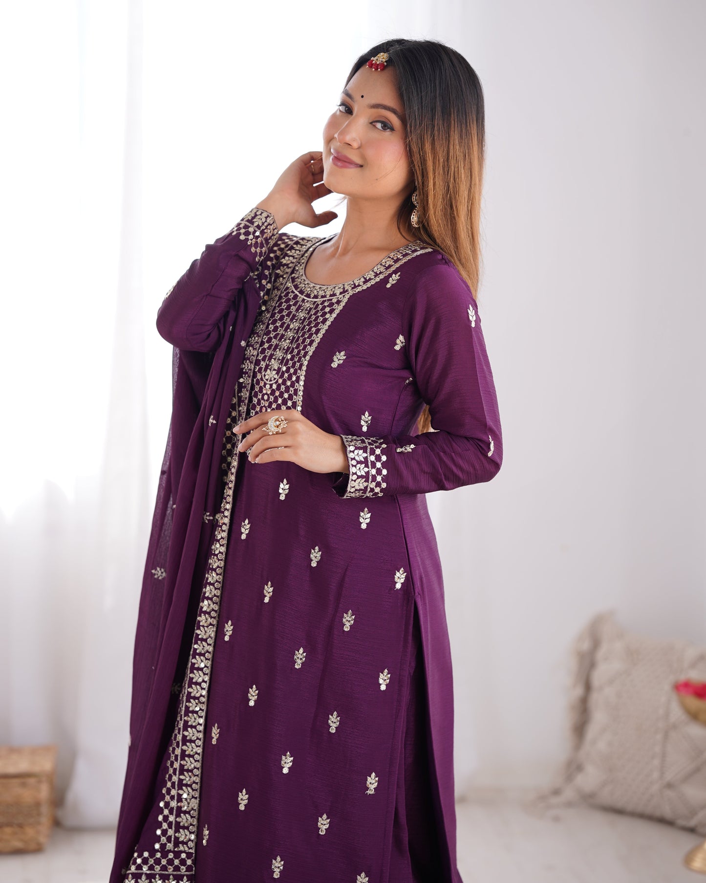 Wine Color Chinon Silk Three Piece Kurti Suit