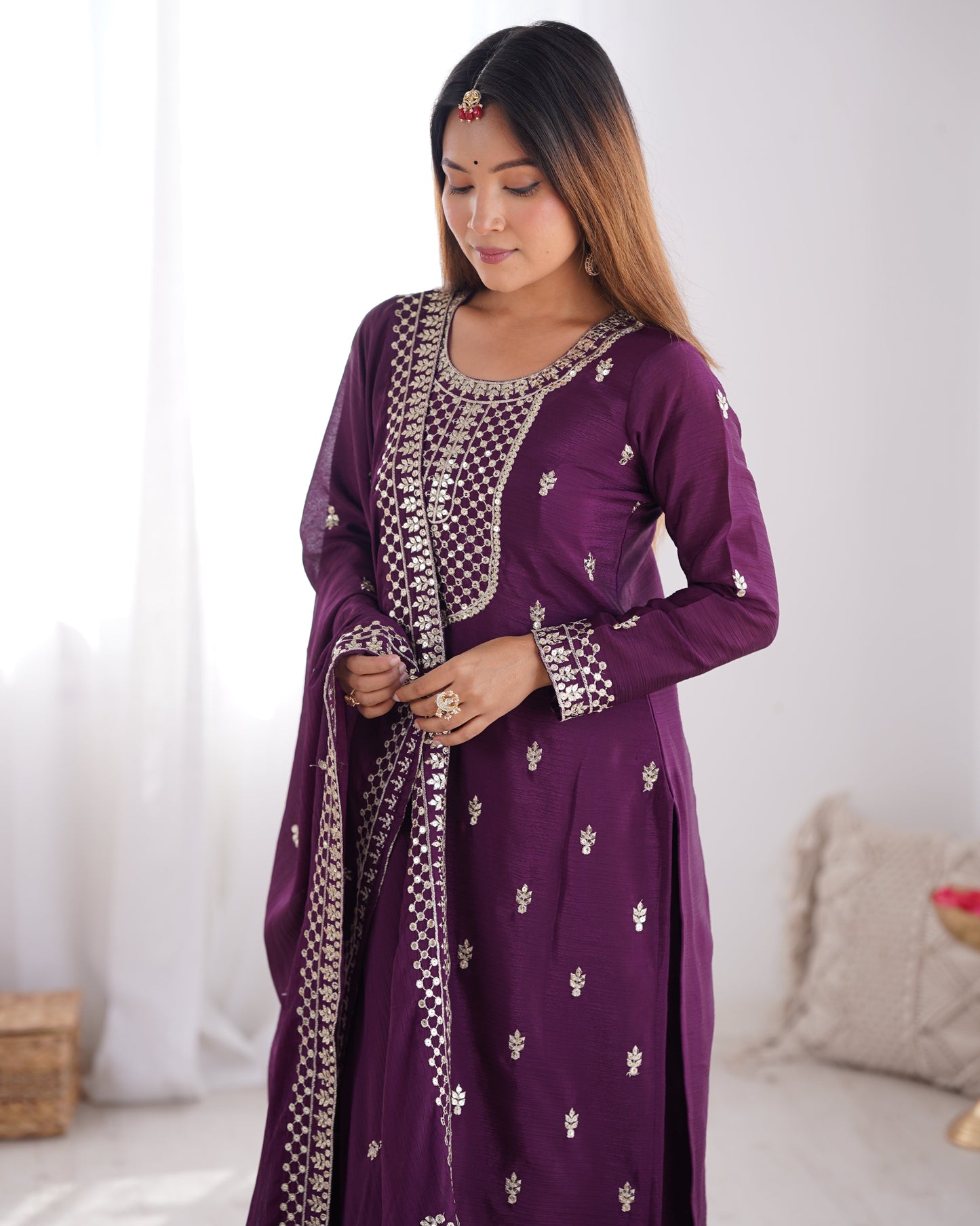 Wine Color Chinon Silk Three Piece Kurti Suit
