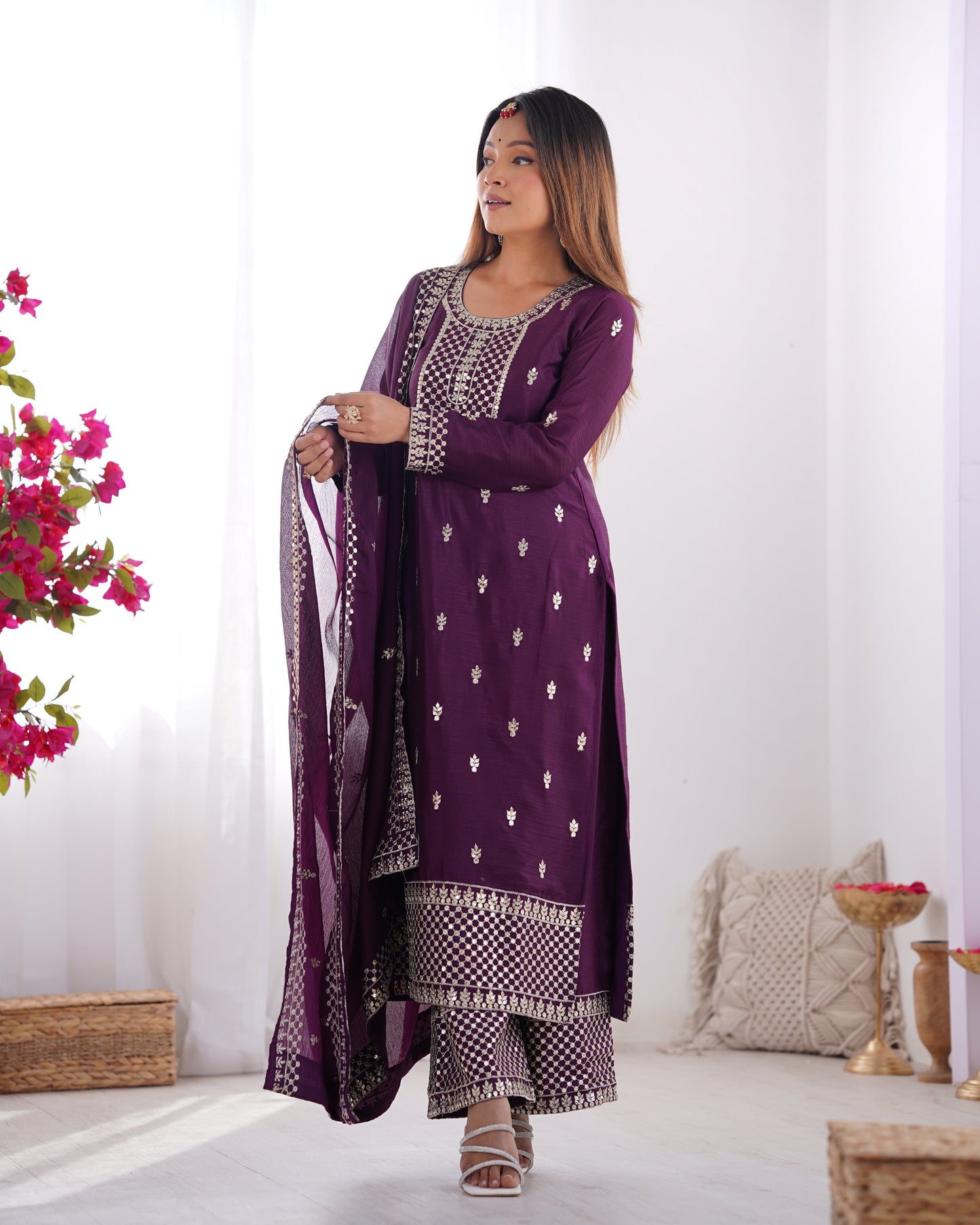 Wine Color Chinon Silk Three Piece Kurti Suit
