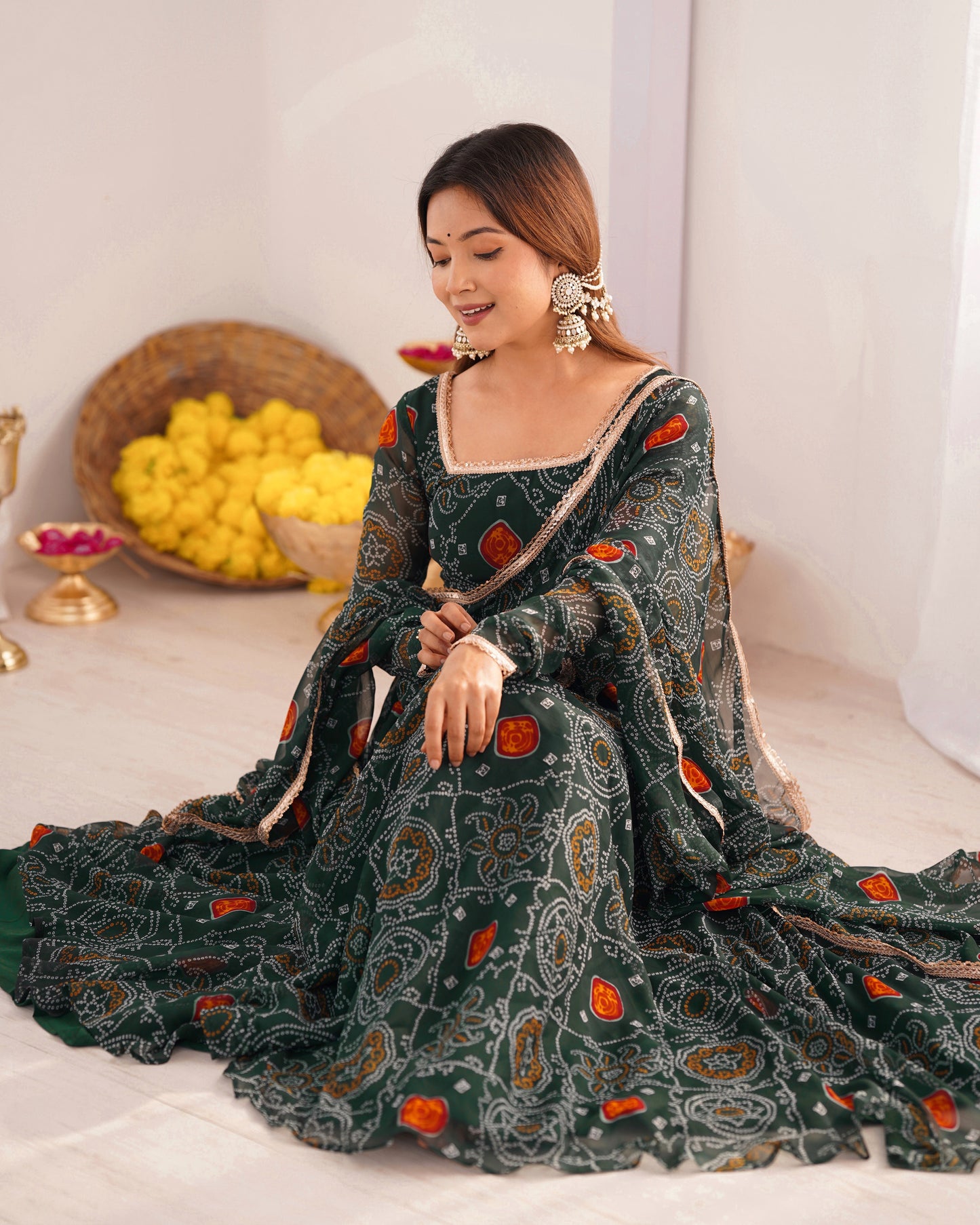Green Color Bandhej Print Soft Chiffon Anarkali Gown