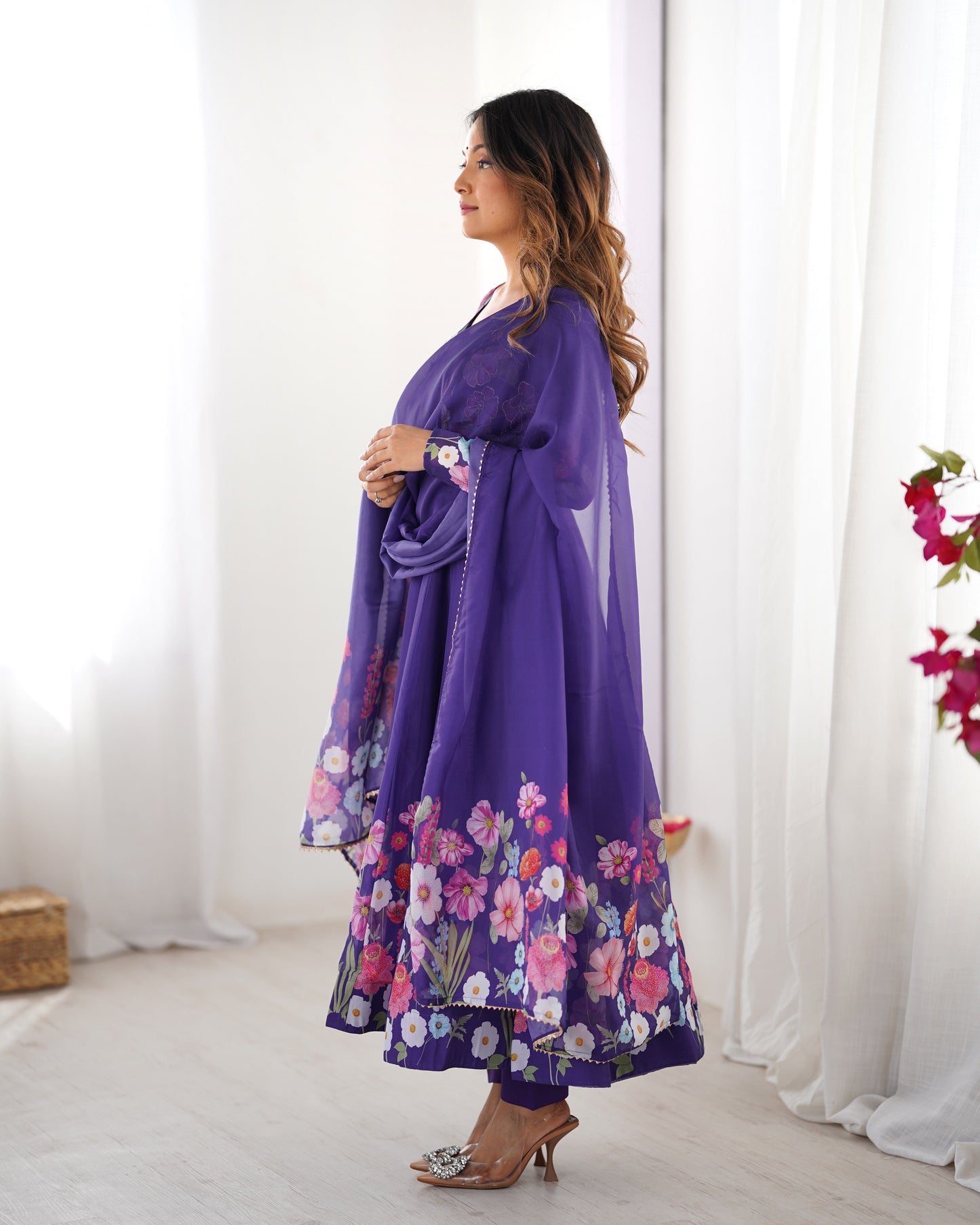 Purple Color Floral Print Organza Three Piece Anarkali Suit