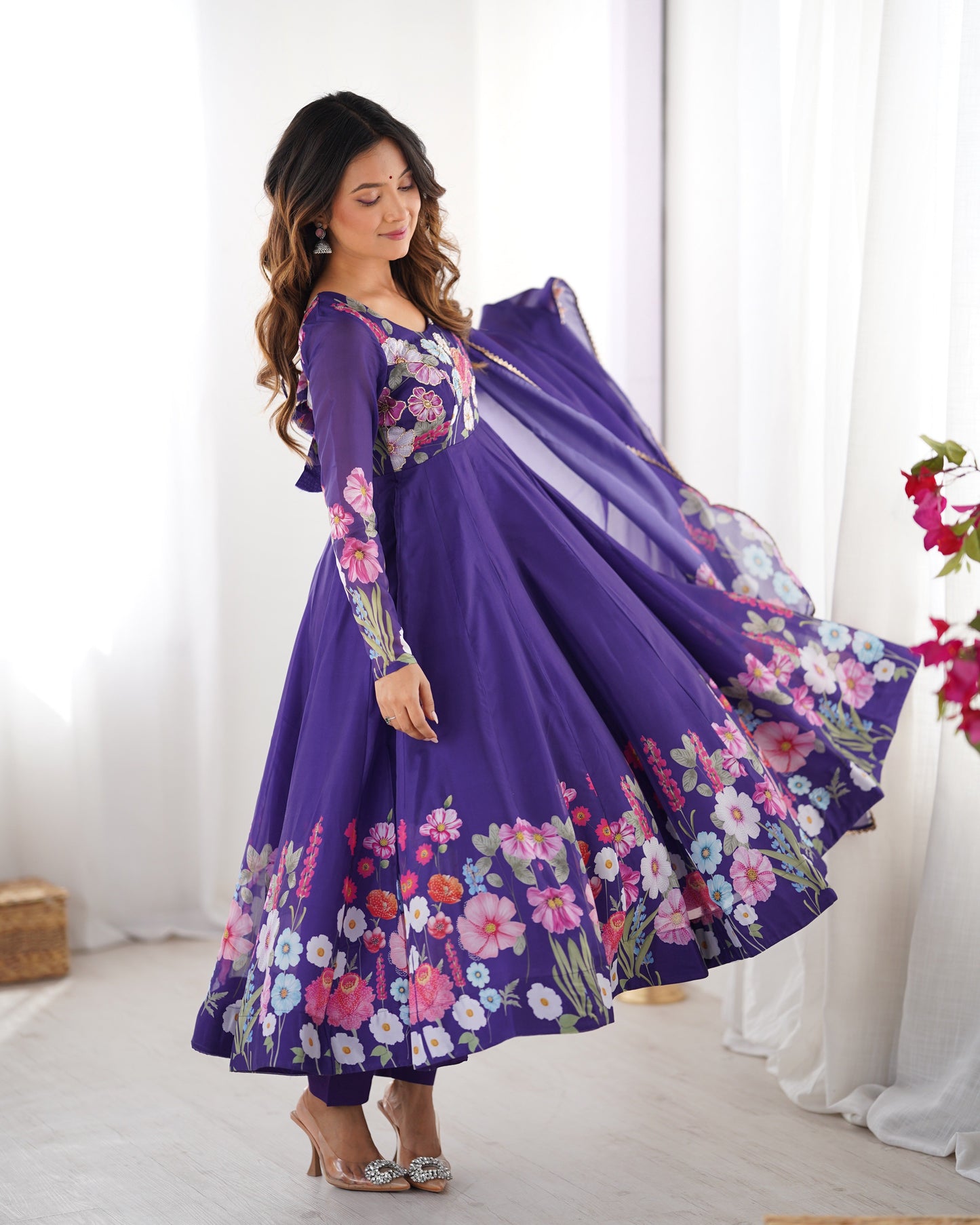 Purple Color Floral Print Organza Three Piece Anarkali Suit