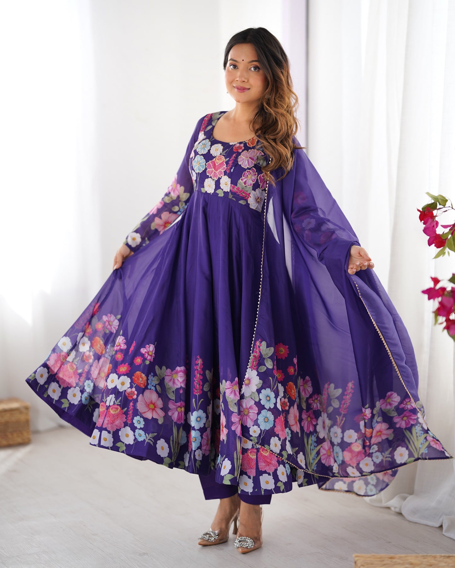Purple Color Floral Print Organza Three Piece Anarkali Suit