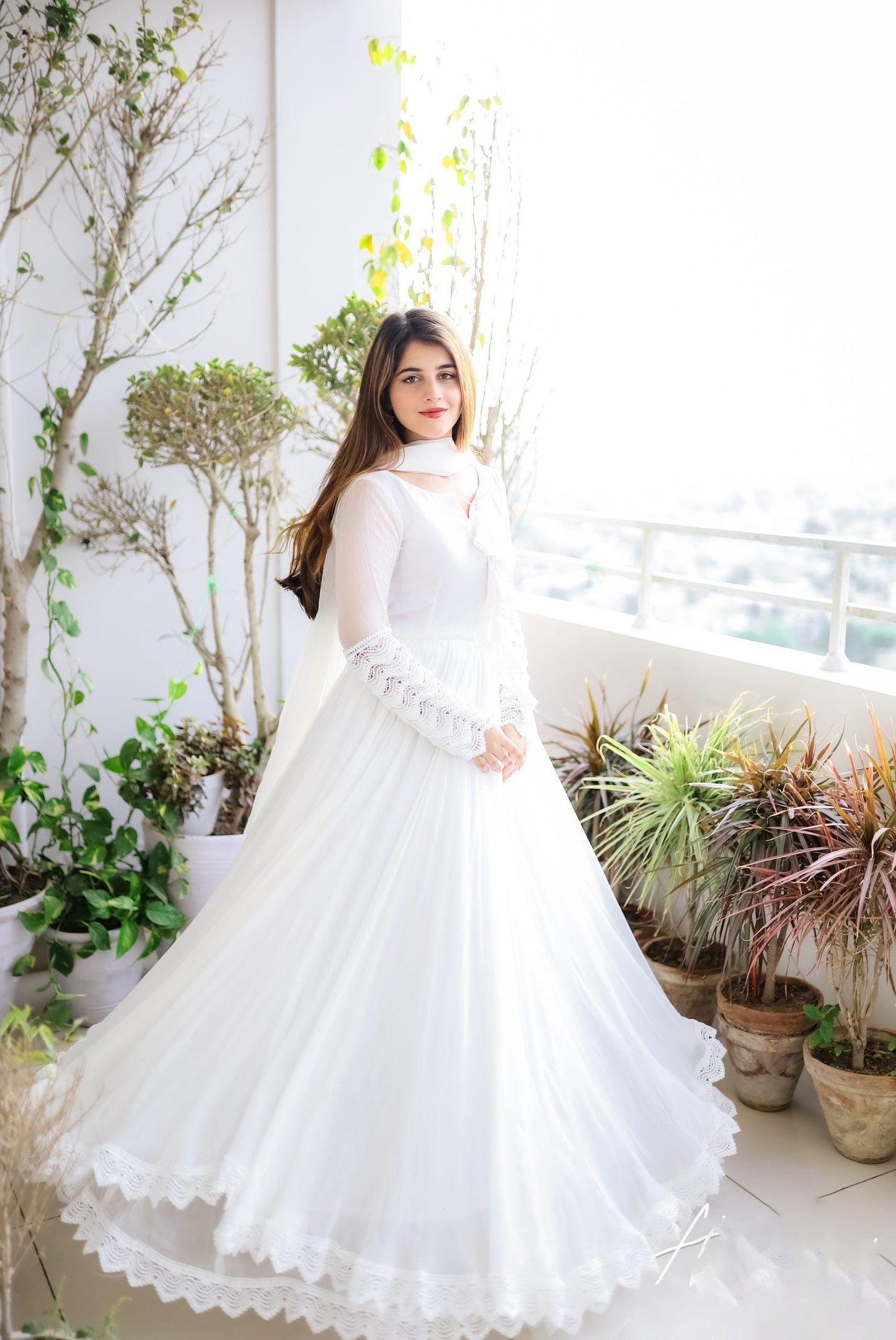 White Long Flair Double Layered Anarkali With Dupatta