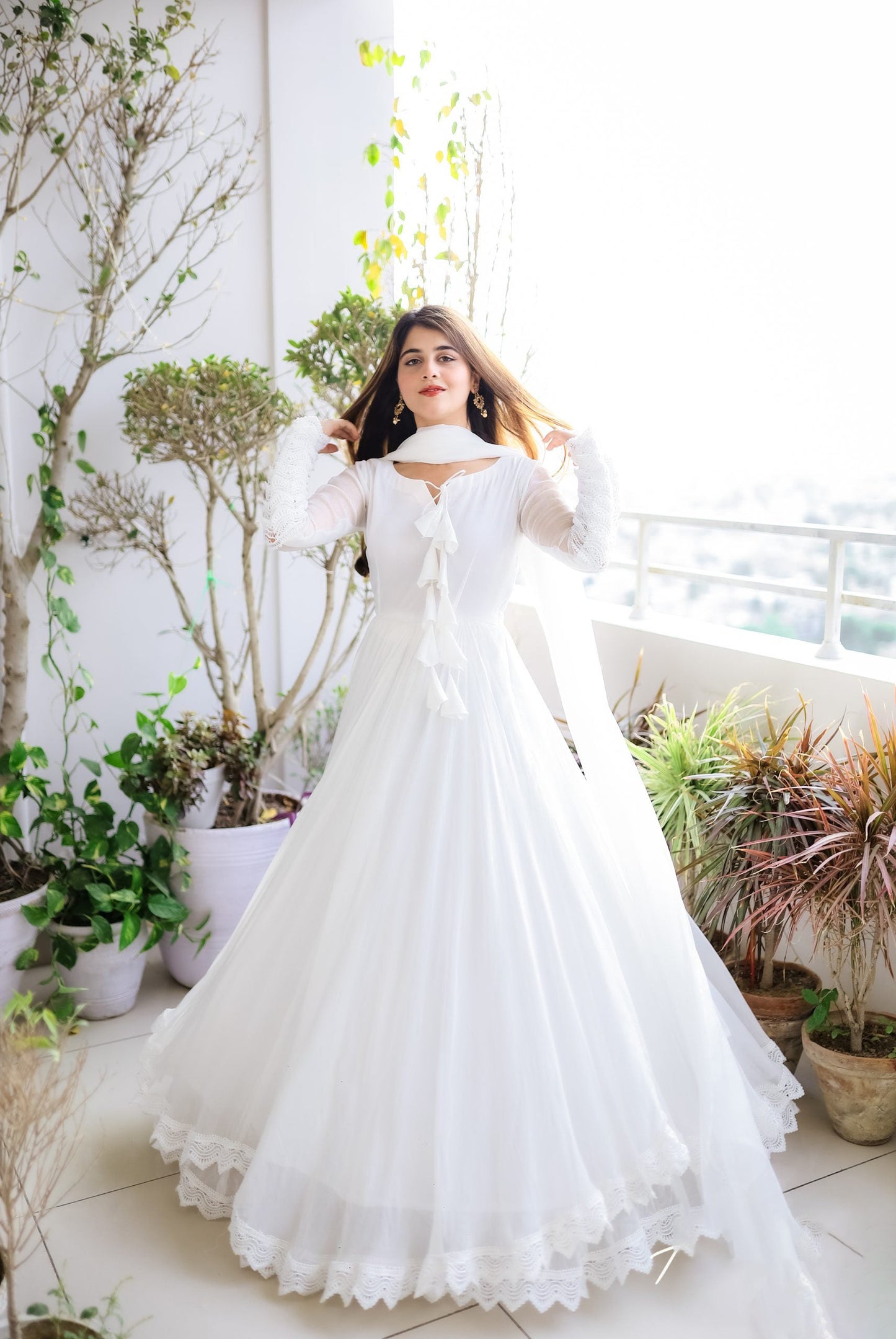 White Long Flair Double Layered Anarkali With Dupatta