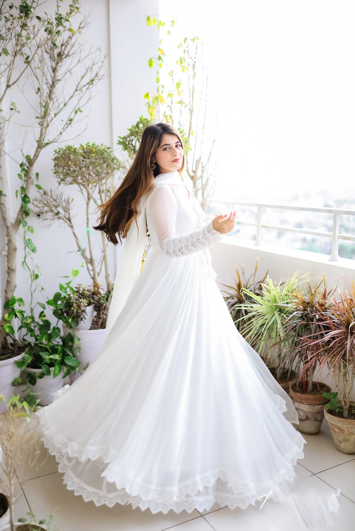 White Long Flair Double Layered Anarkali With Dupatta