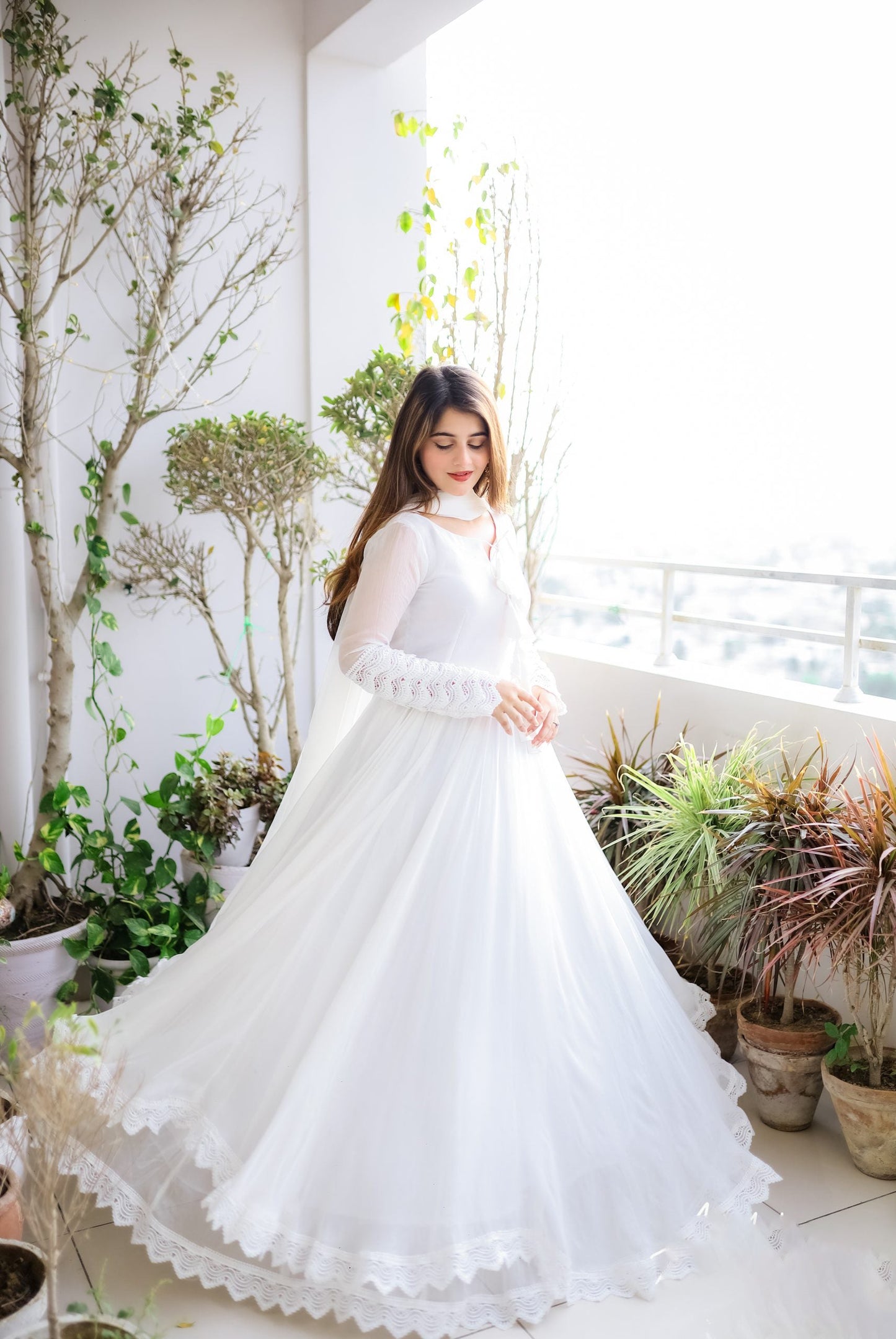 White Long Flair Double Layered Anarkali With Dupatta