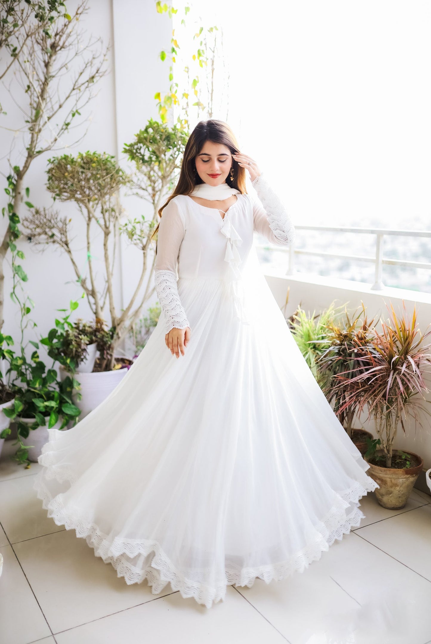 White Long Flair Double Layered Anarkali With Dupatta