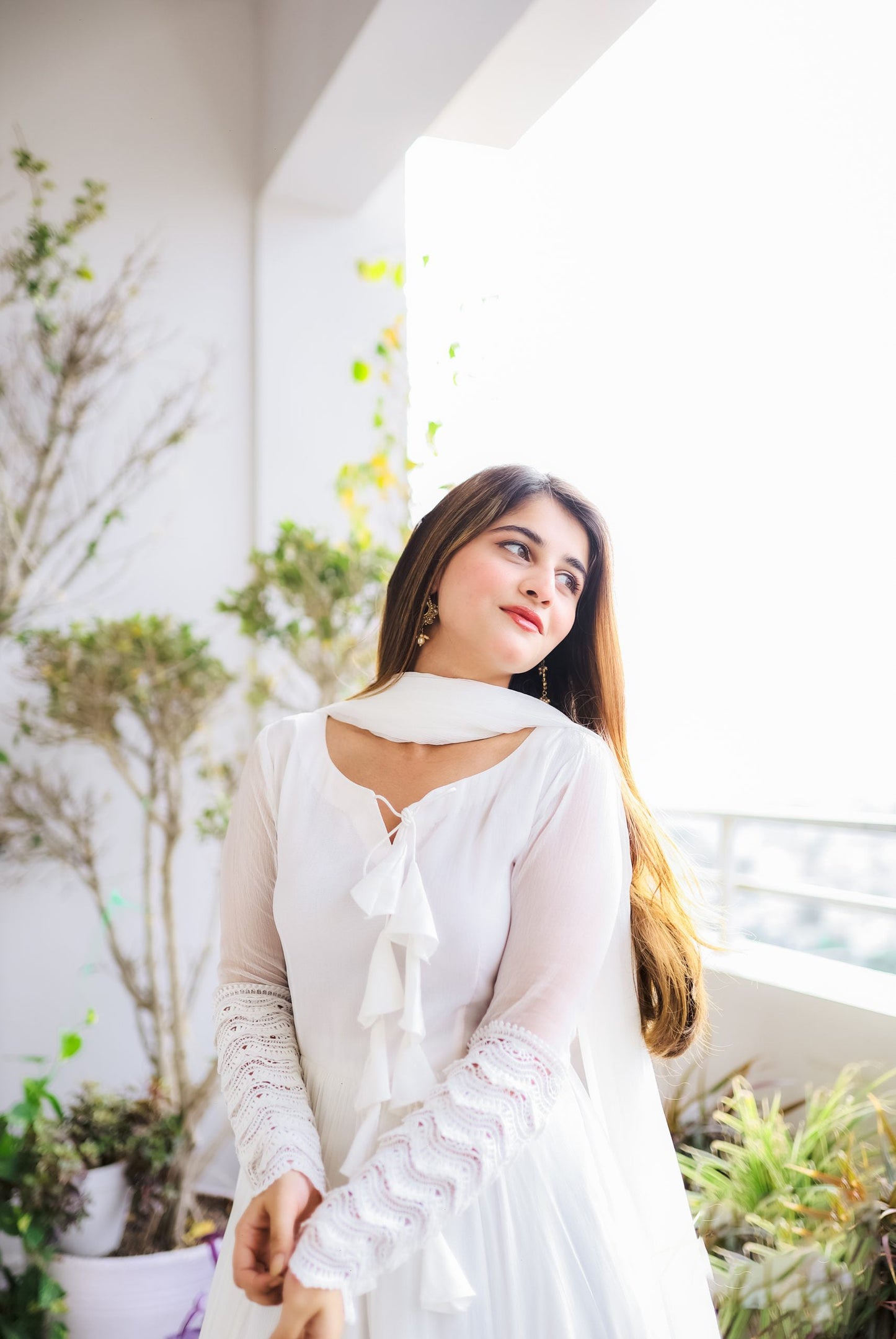 White Long Flair Double Layered Anarkali With Dupatta