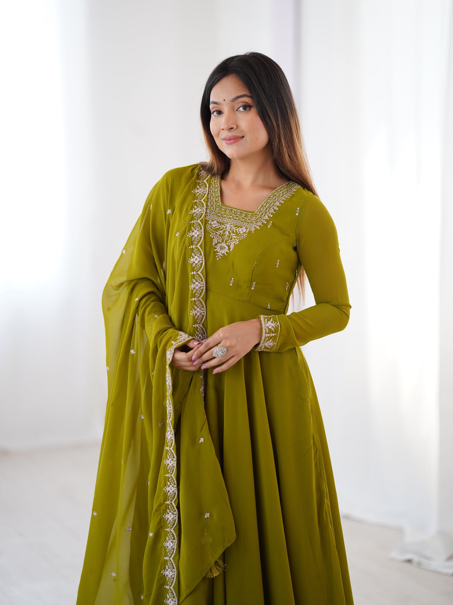 Mehndi Green Color Georgette Embroidered Three Piece Anarkali Suit