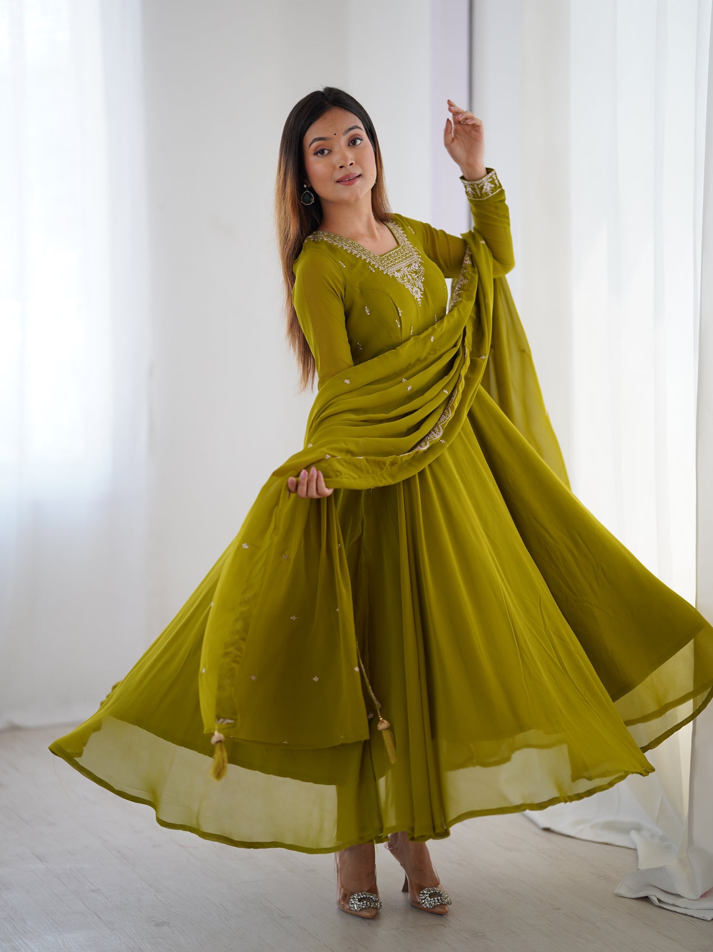 Mehndi Green Color Georgette Embroidered Three Piece Anarkali Suit