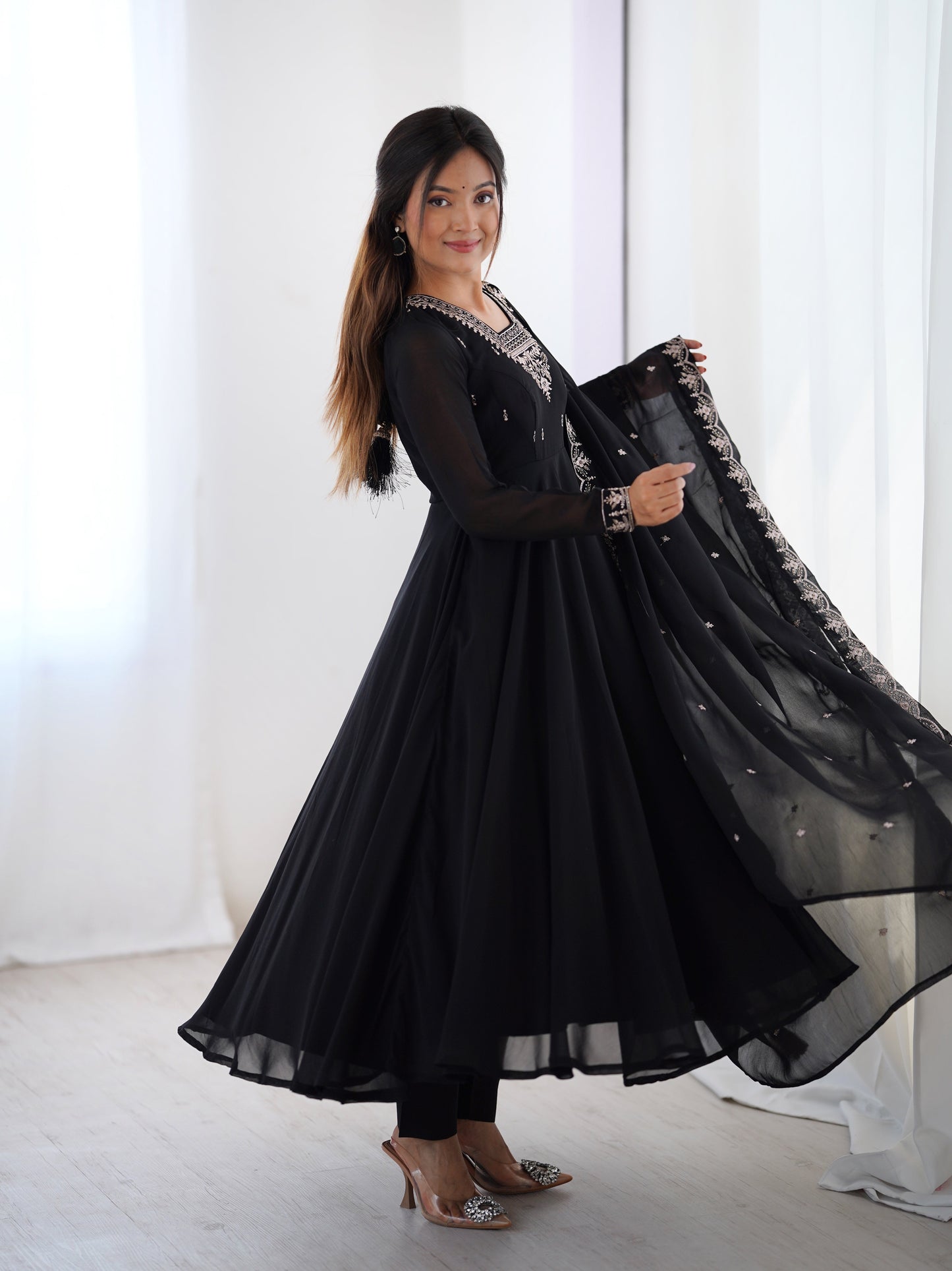 Black Color Georgette Embroidered Three Piece Anarkali Suit