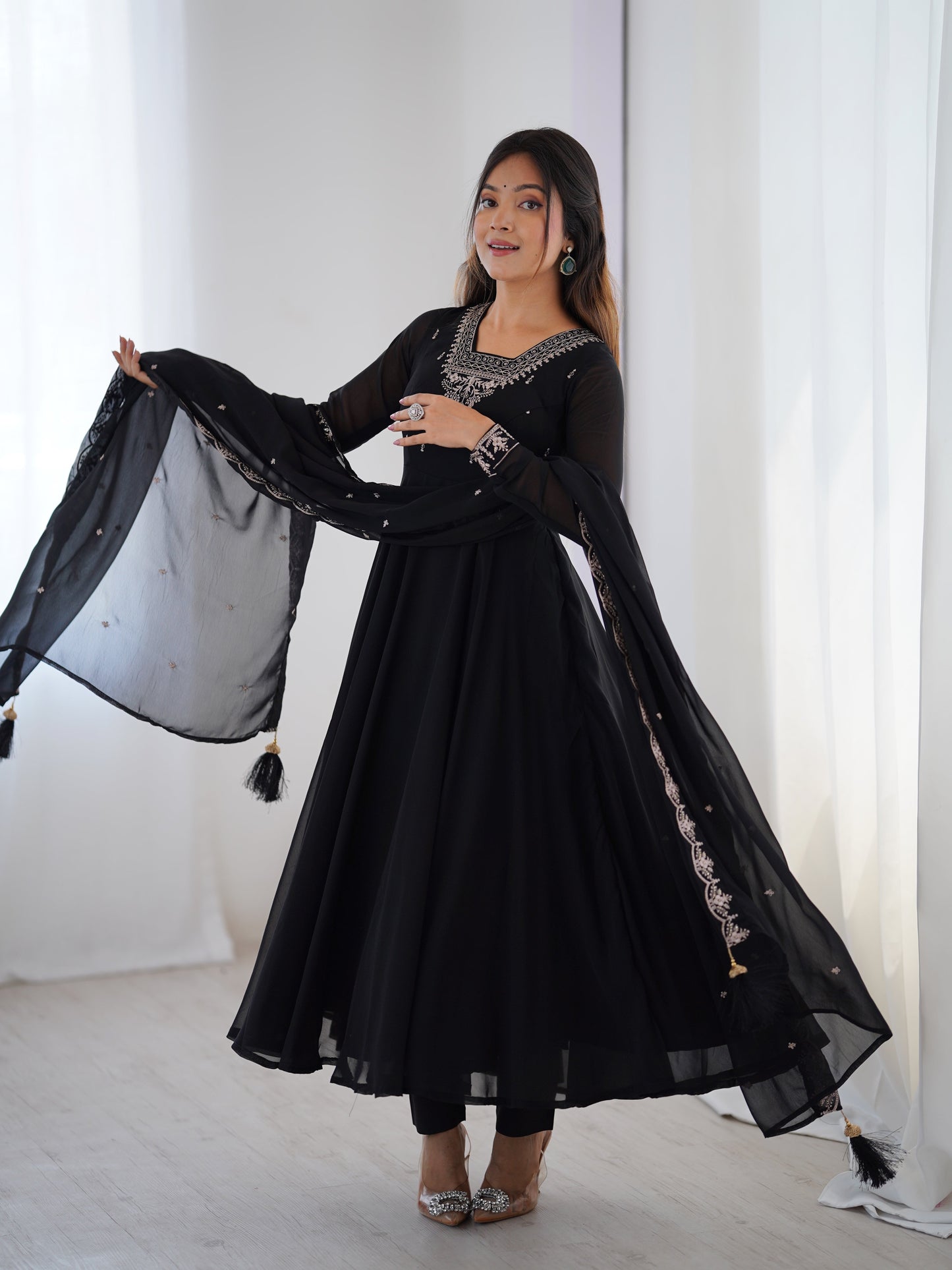 Black Color Georgette Embroidered Three Piece Anarkali Suit