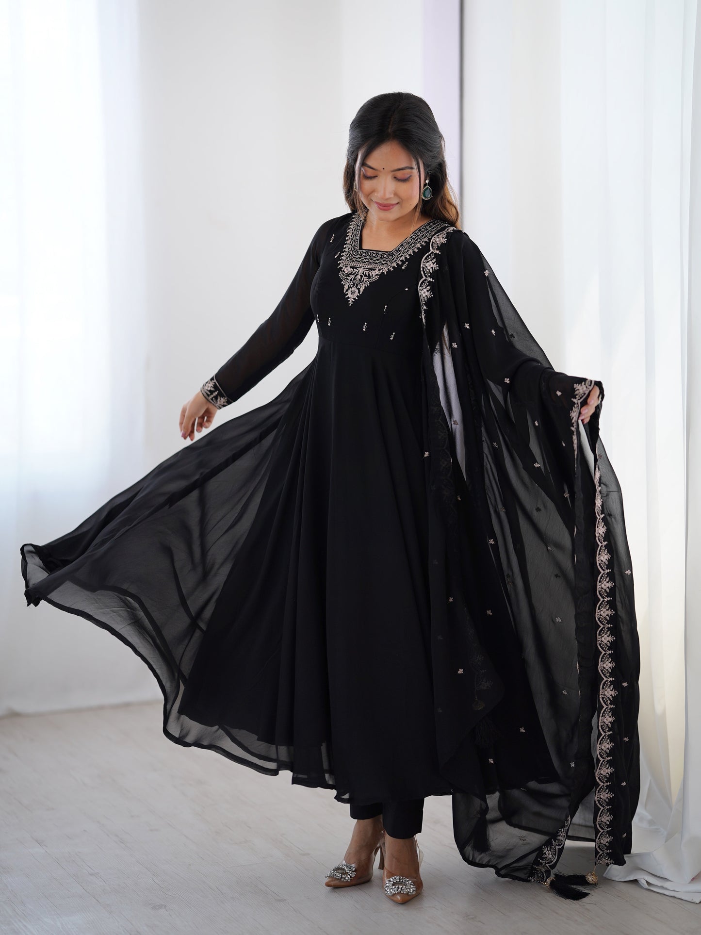 Black Color Georgette Embroidered Three Piece Anarkali Suit
