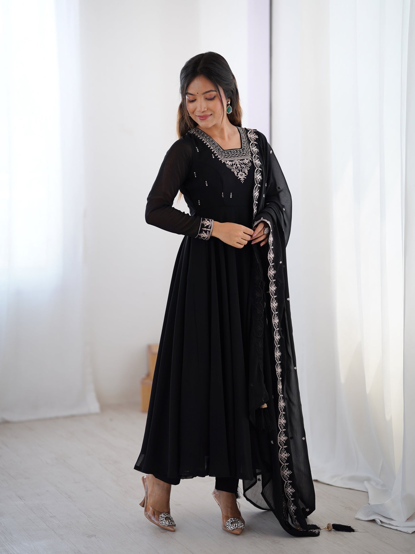 Black Color Georgette Embroidered Three Piece Anarkali Suit