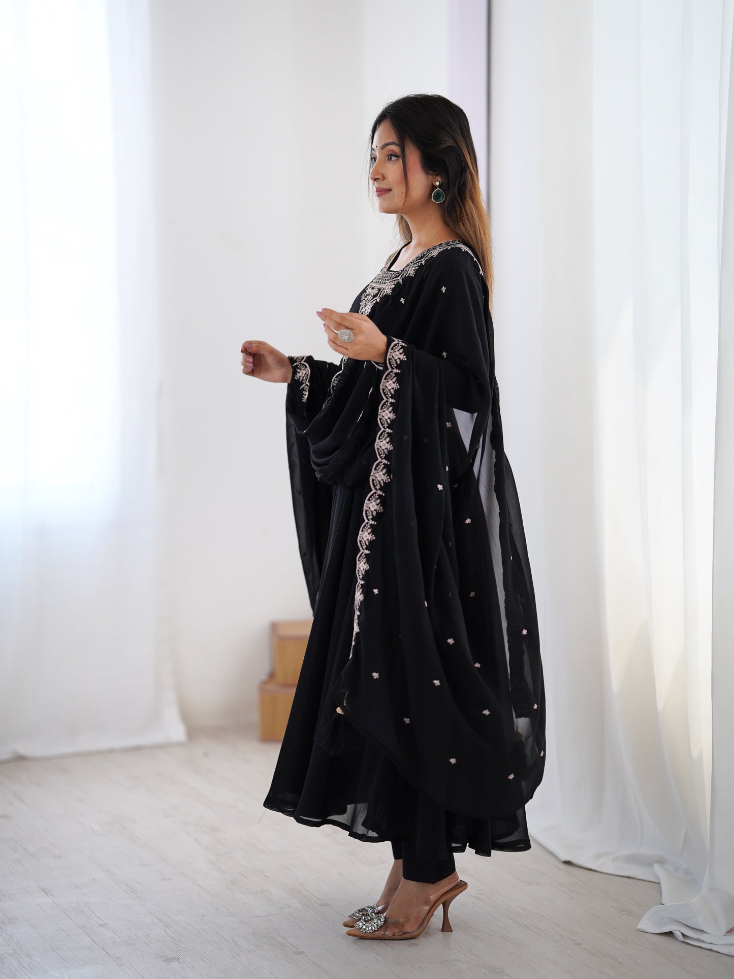 Black Color Georgette Embroidered Three Piece Anarkali Suit