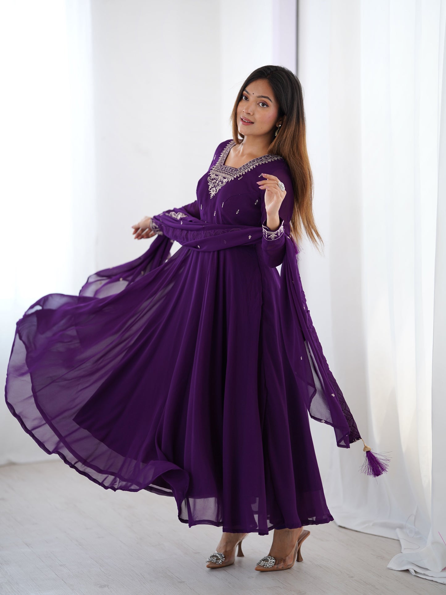 Purple Color Georgette Embroidered Three Piece Anarkali Suit