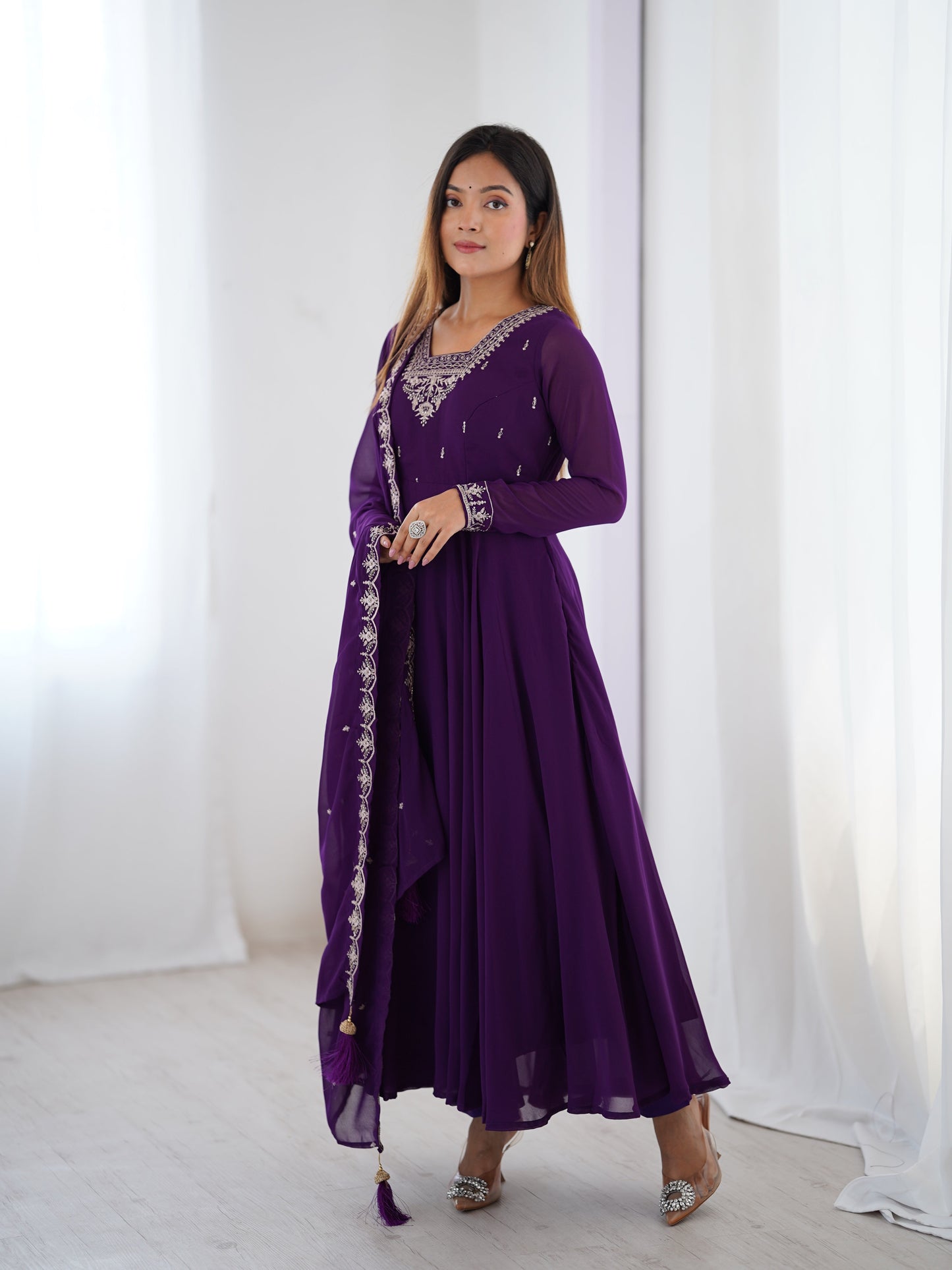 Purple Color Georgette Embroidered Three Piece Anarkali Suit