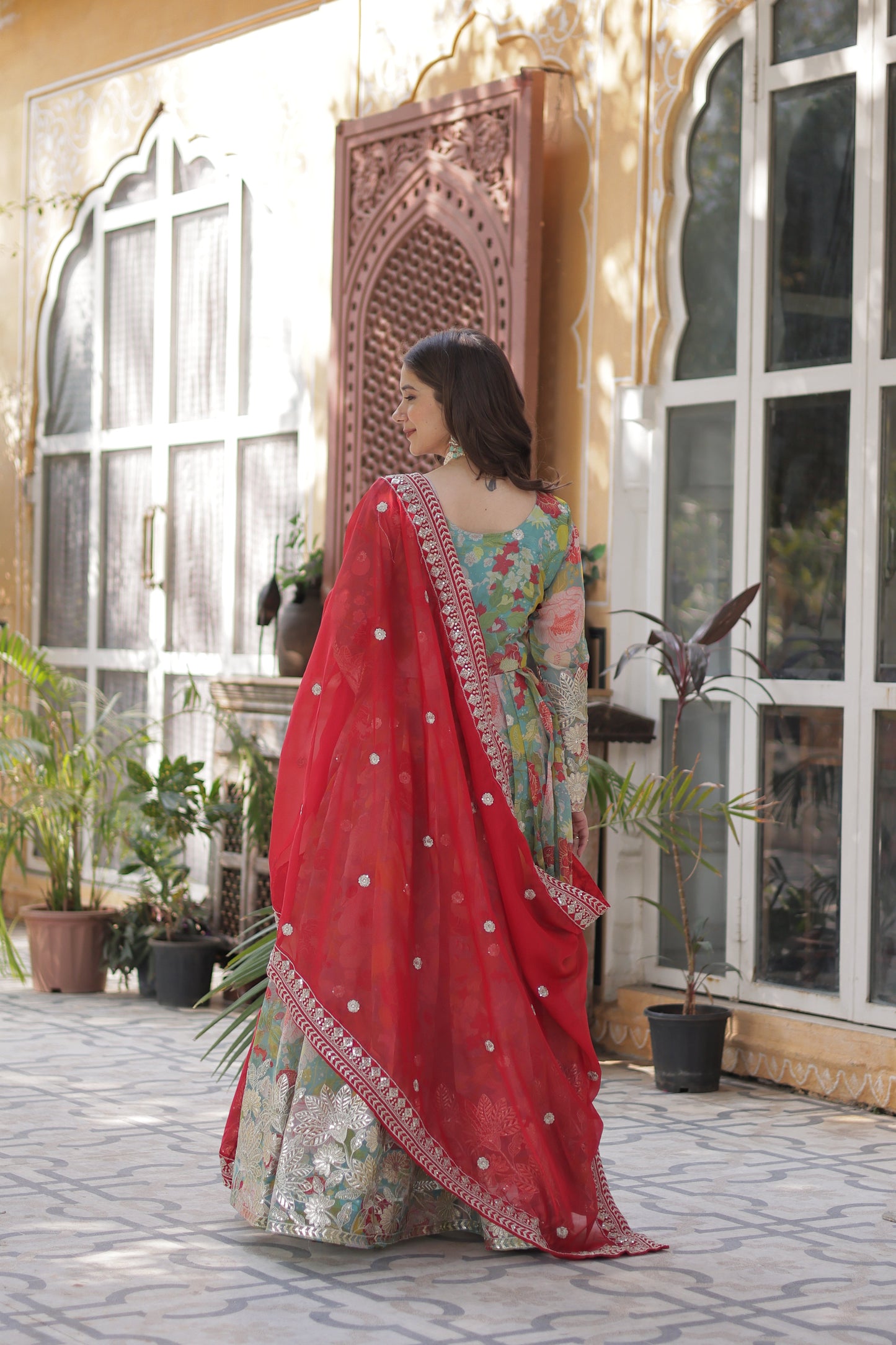 Lime Green Color Alia Cut Embroidered Gown With Dupatta