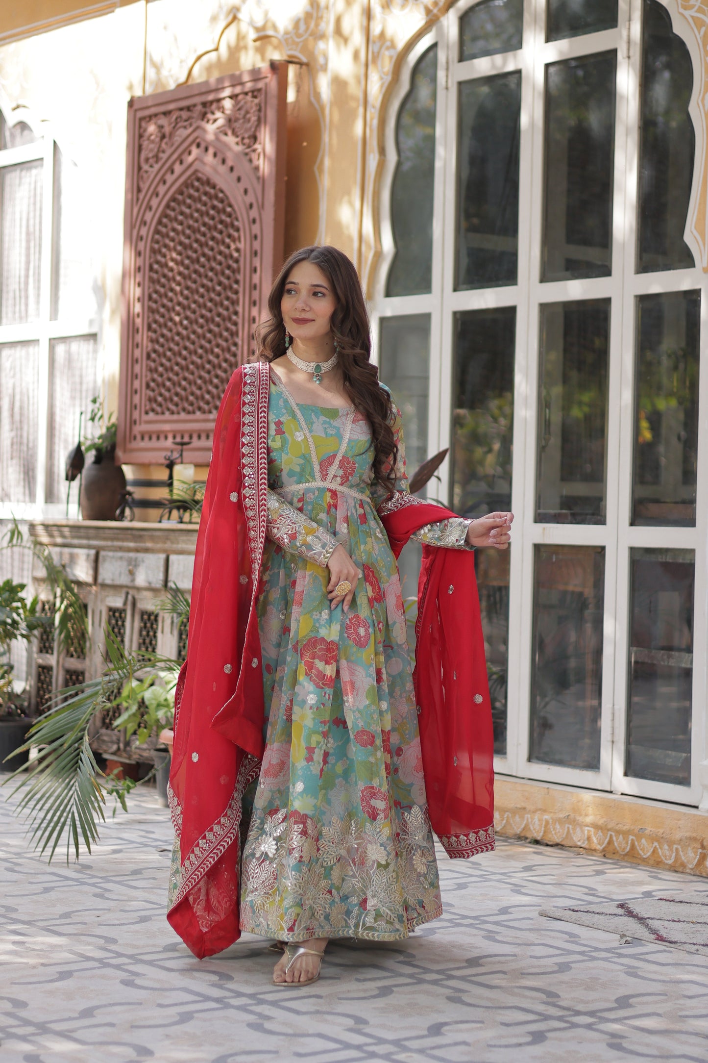 Lime Green Color Alia Cut Embroidered Gown With Dupatta