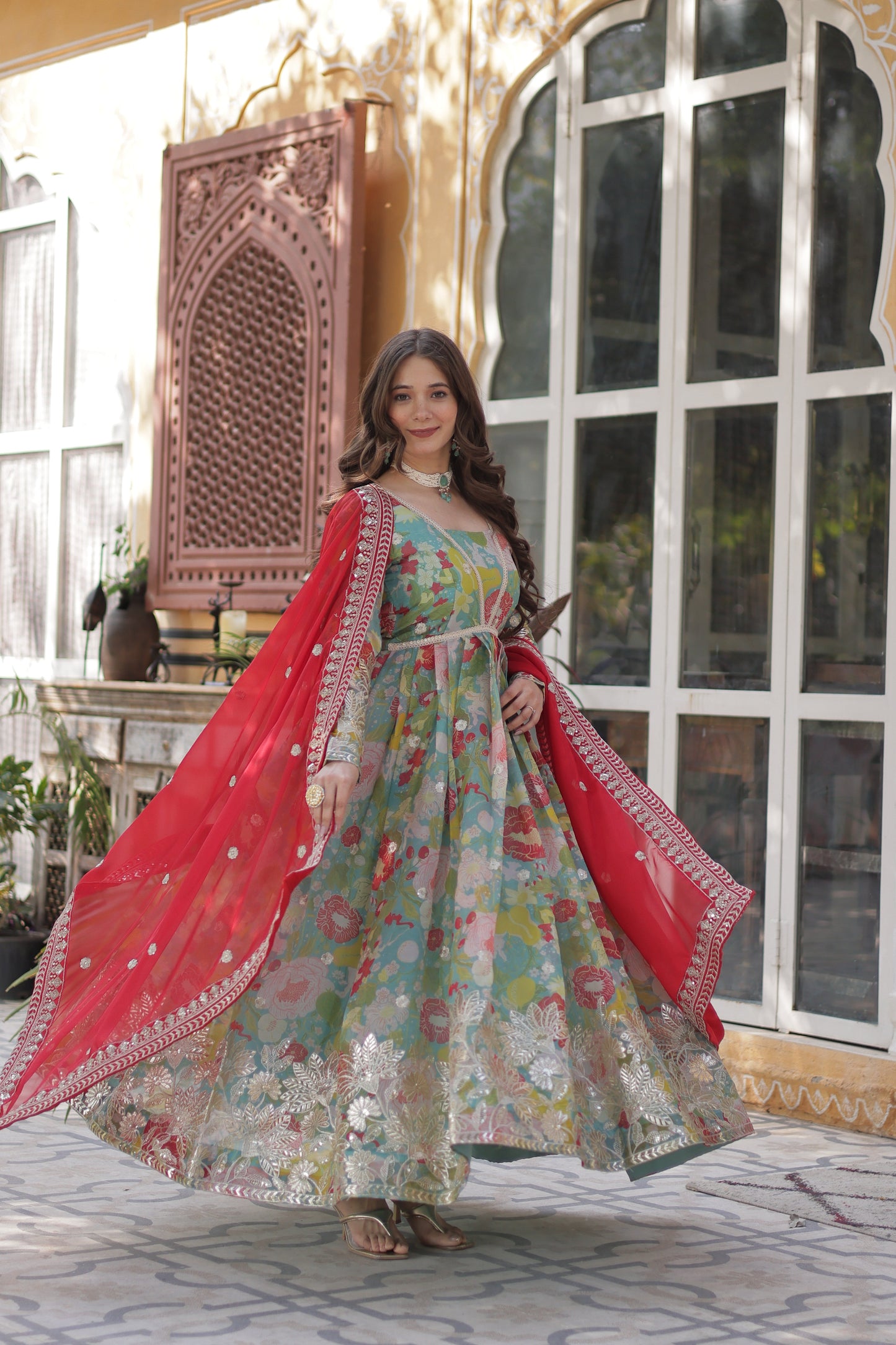 Lime Green Color Alia Cut Embroidered Gown With Dupatta