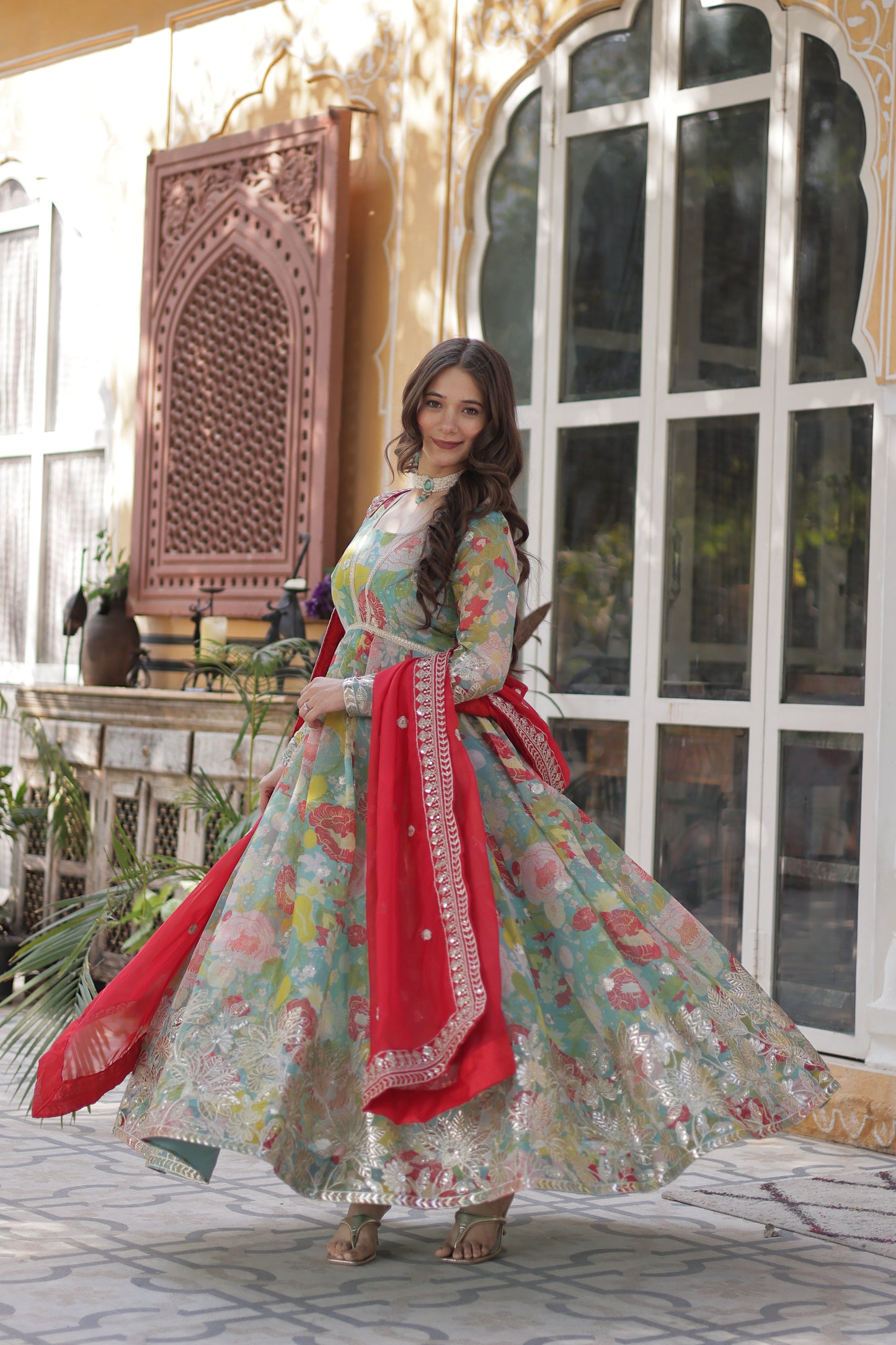 Lime Green Color Alia Cut Embroidered Gown With Dupatta