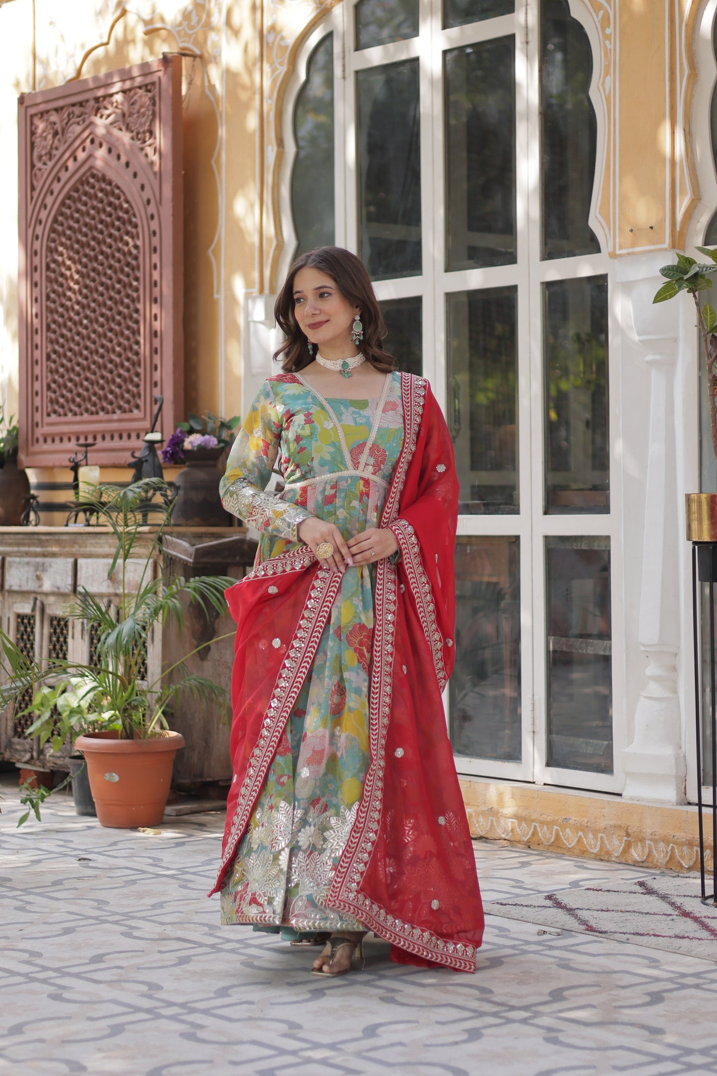 Lime Green Color Alia Cut Embroidered Gown With Dupatta